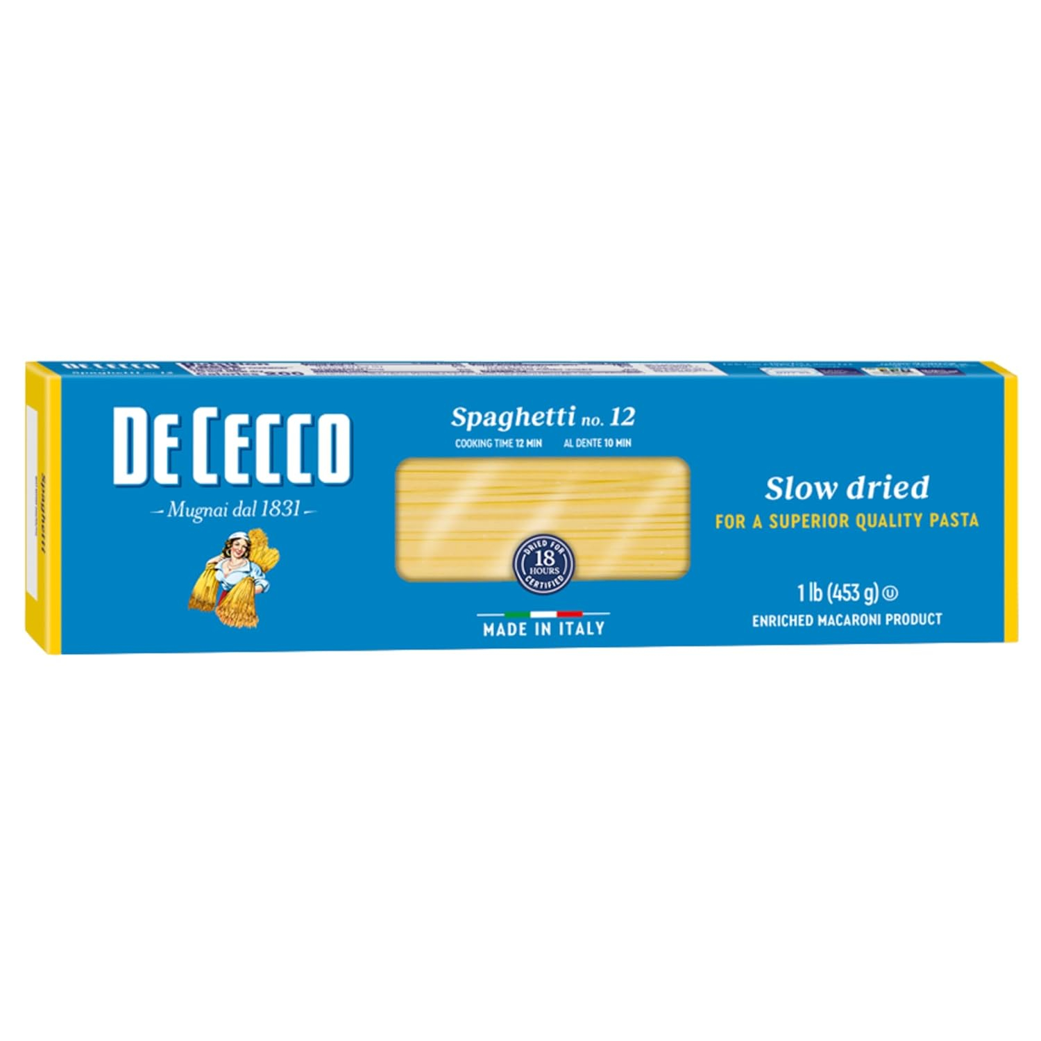 De Cecco Spaghetti no.12 Pasta, 1 LB. made from coarse Semolina (made from durum wheat). Non GMO and slow dried. Contains Wheat. May contain soy.