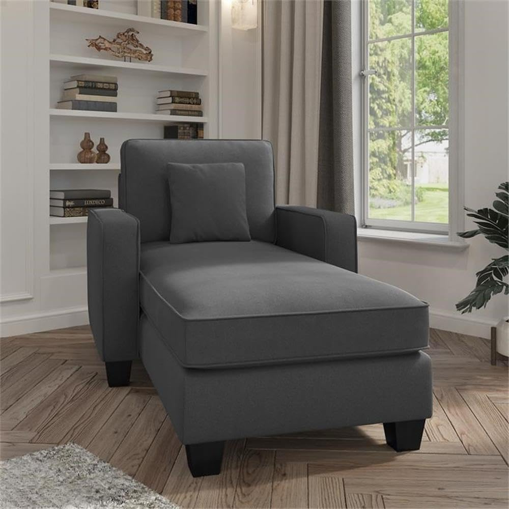 Stockton Chaise Lounge with Arms in Charcoal Gray Herringbone Fabric