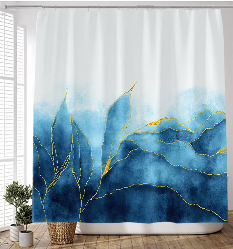 Marble Shower Curtain Ombre Blue Gold, Modern for Bathroom Blue Golden Lines Striped Fabric Waterproof Polyester, 72 x 72 Inches