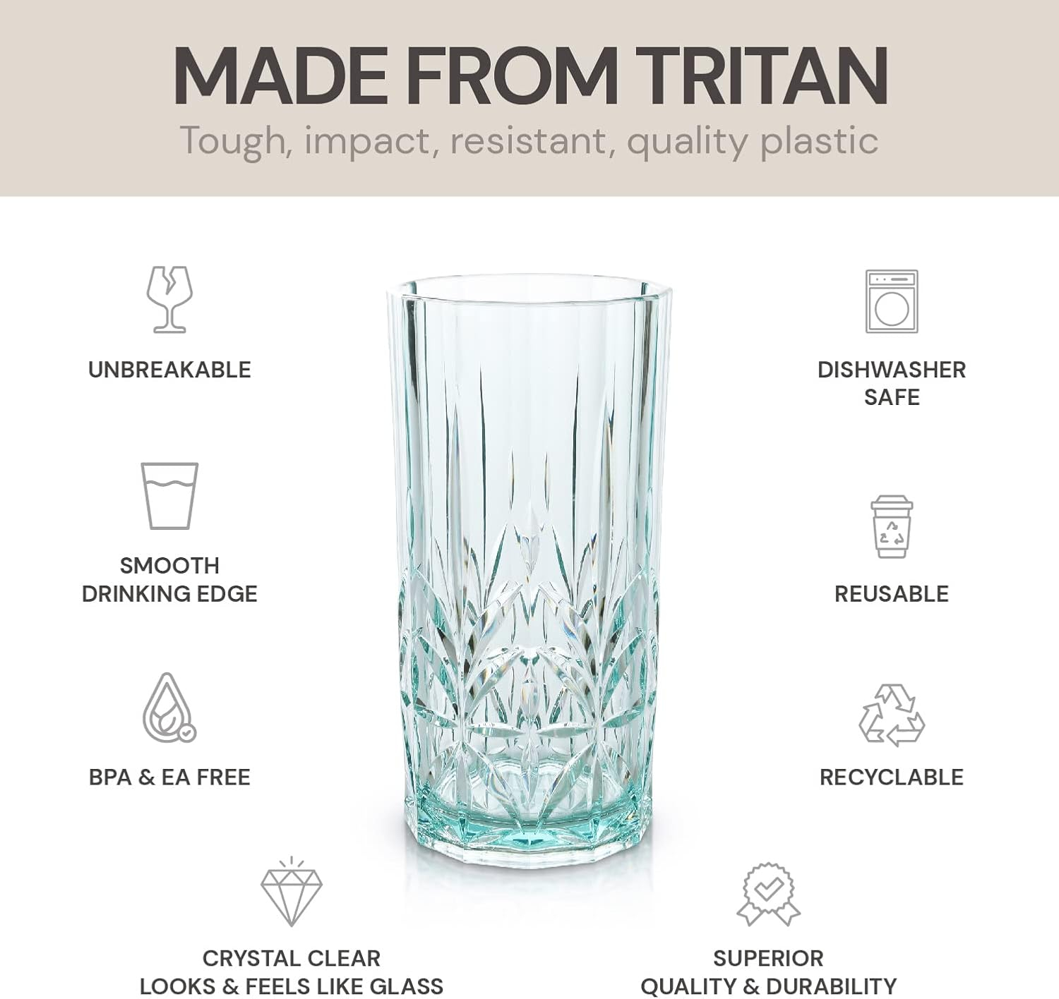 BELLAFORTE Shatterproof Tritan Plastic Tall Tumbler, Set of 4, 18oz - Myrtle Beach Drinking Glasses - Unbreakable Drinking Glasses for Parties - BPA Free - Teal
