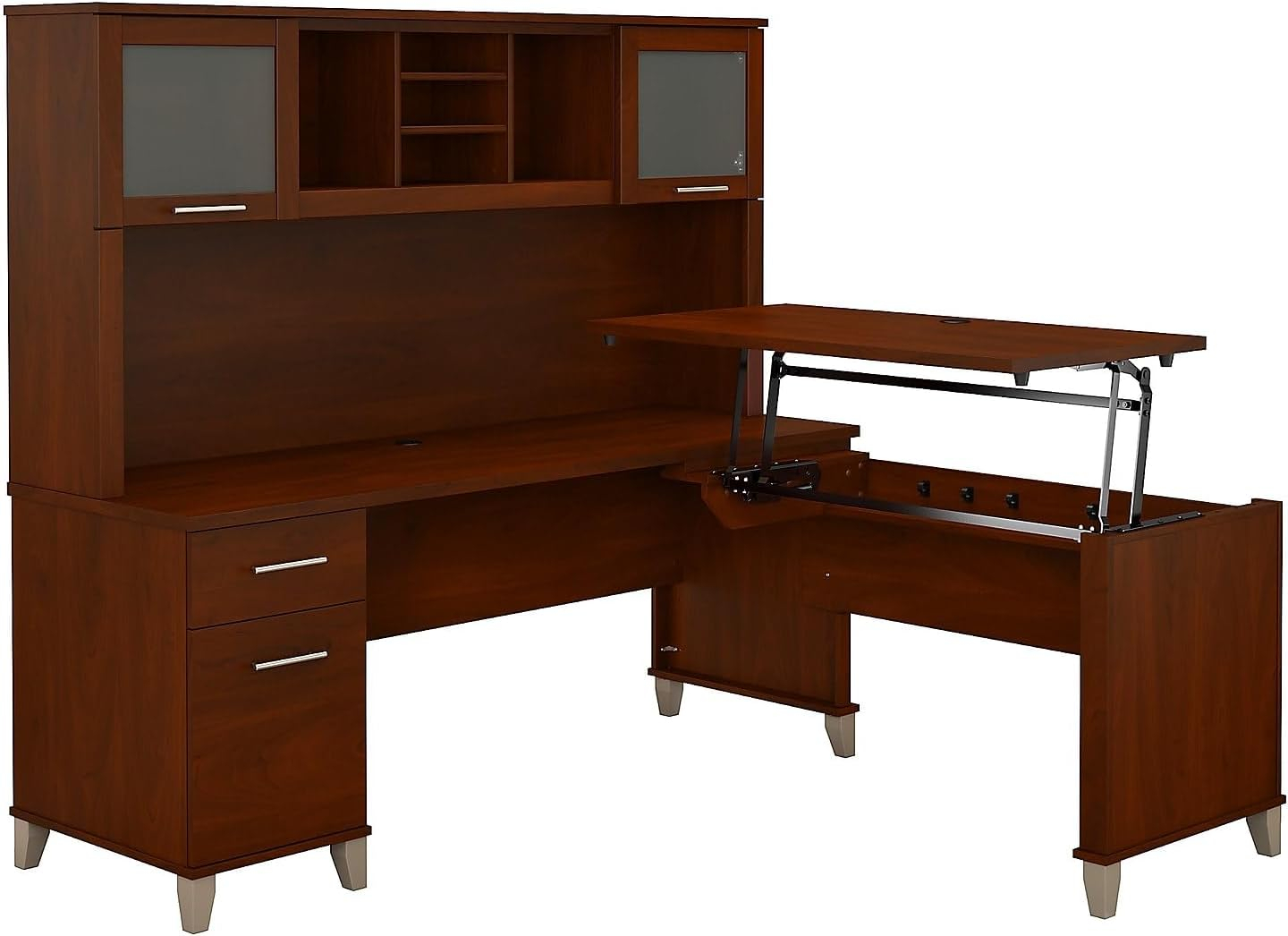 Bush Furniture Somerset 72W Sit to Stand L Desk with Hutch in Hansen Cherry