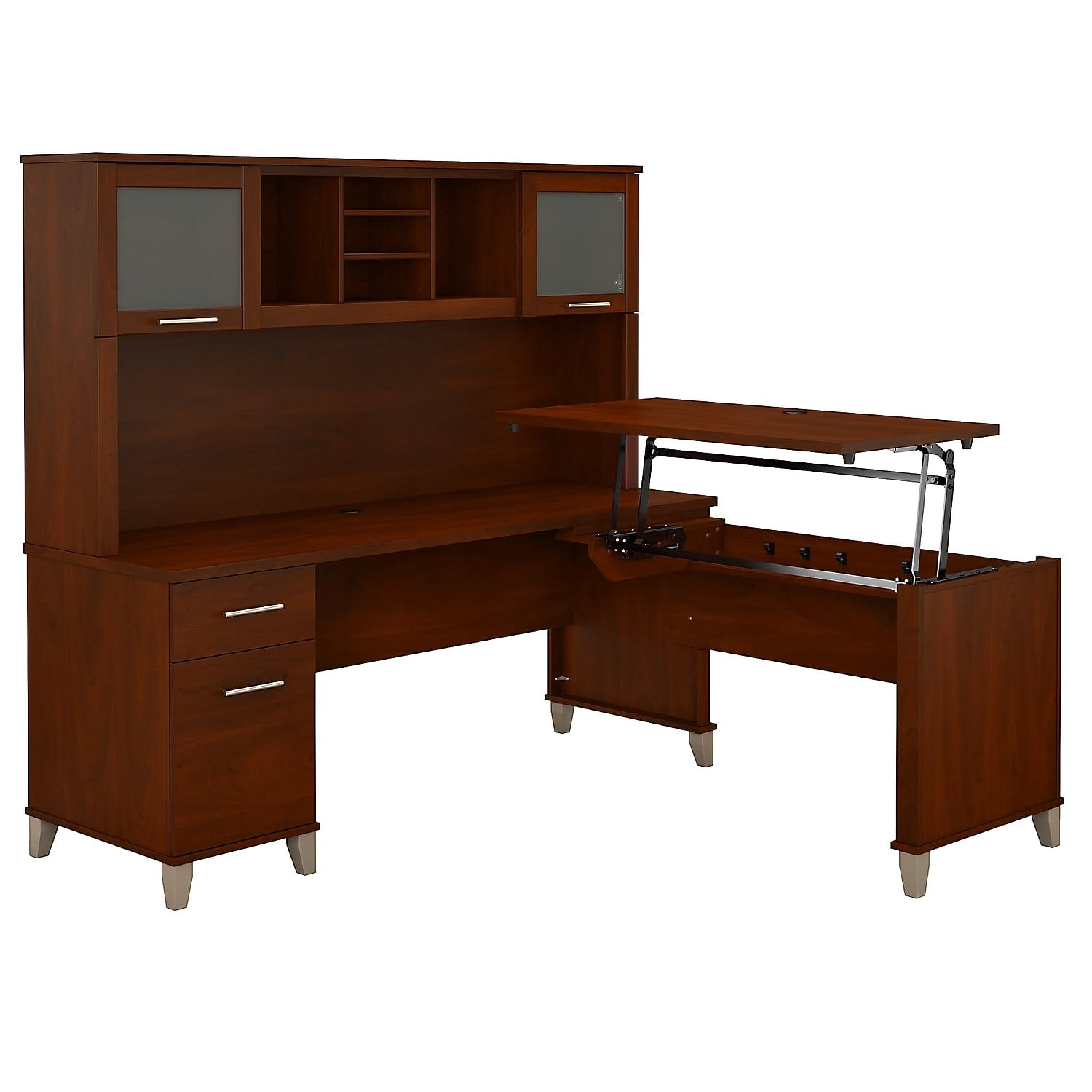 Bush Furniture Somerset 72W Sit to Stand L Desk with Hutch in Hansen Cherry