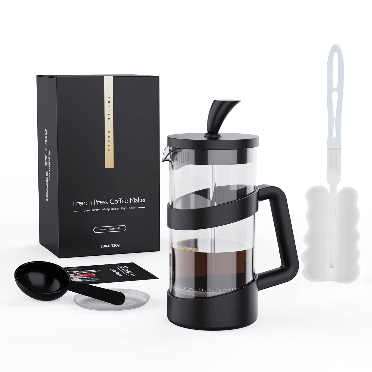 RAINBEAN Mini French Press Coffee Maker, 12 oz, Camping Coffee Press Pot, Small French Press, Tea and Frothed Milk Press (Black, 12 oz)