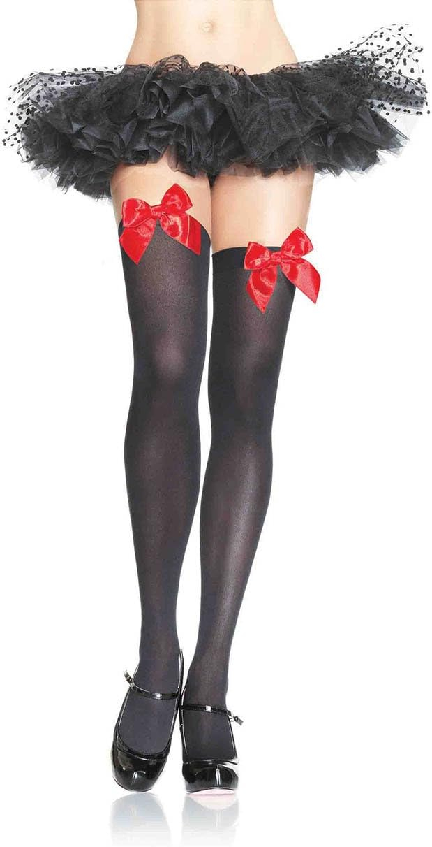 Leg Avenue Womens Satin Bow Accent Thigh Highs, Black/Red, One Size
