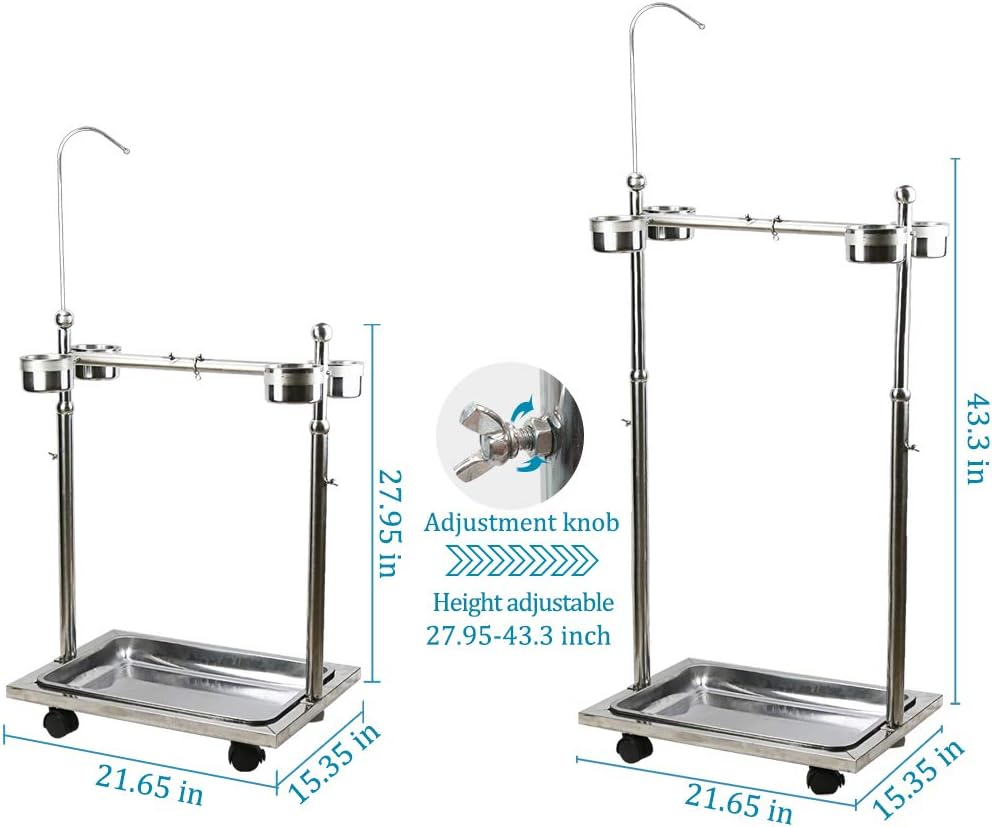 Adjustable Stainless Steel Bird Perch Stand with Wheels