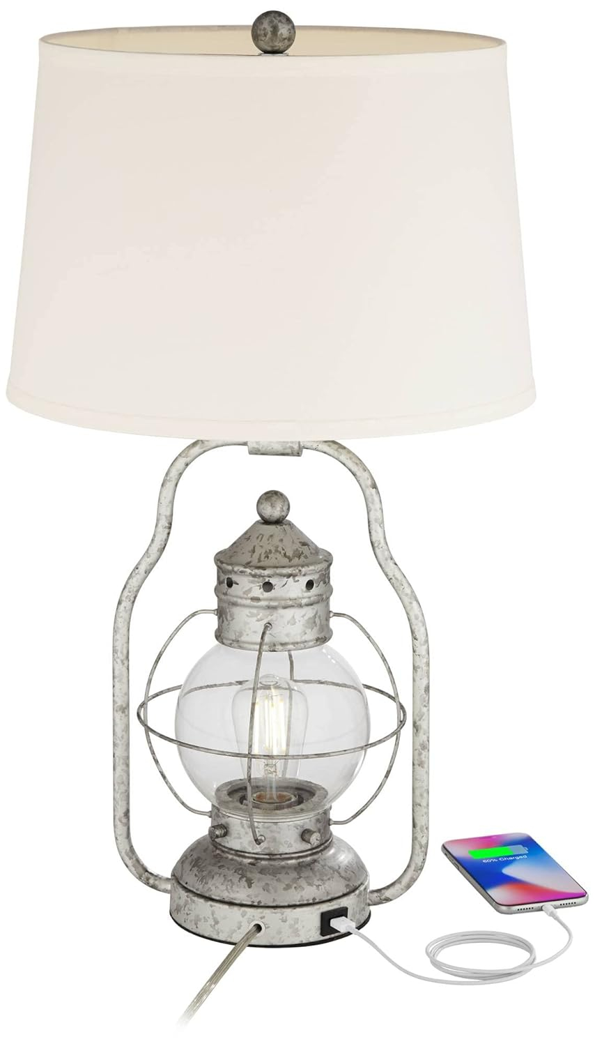 Distressed Silver Industrial Table Lamp with Off-White Fabric Shade