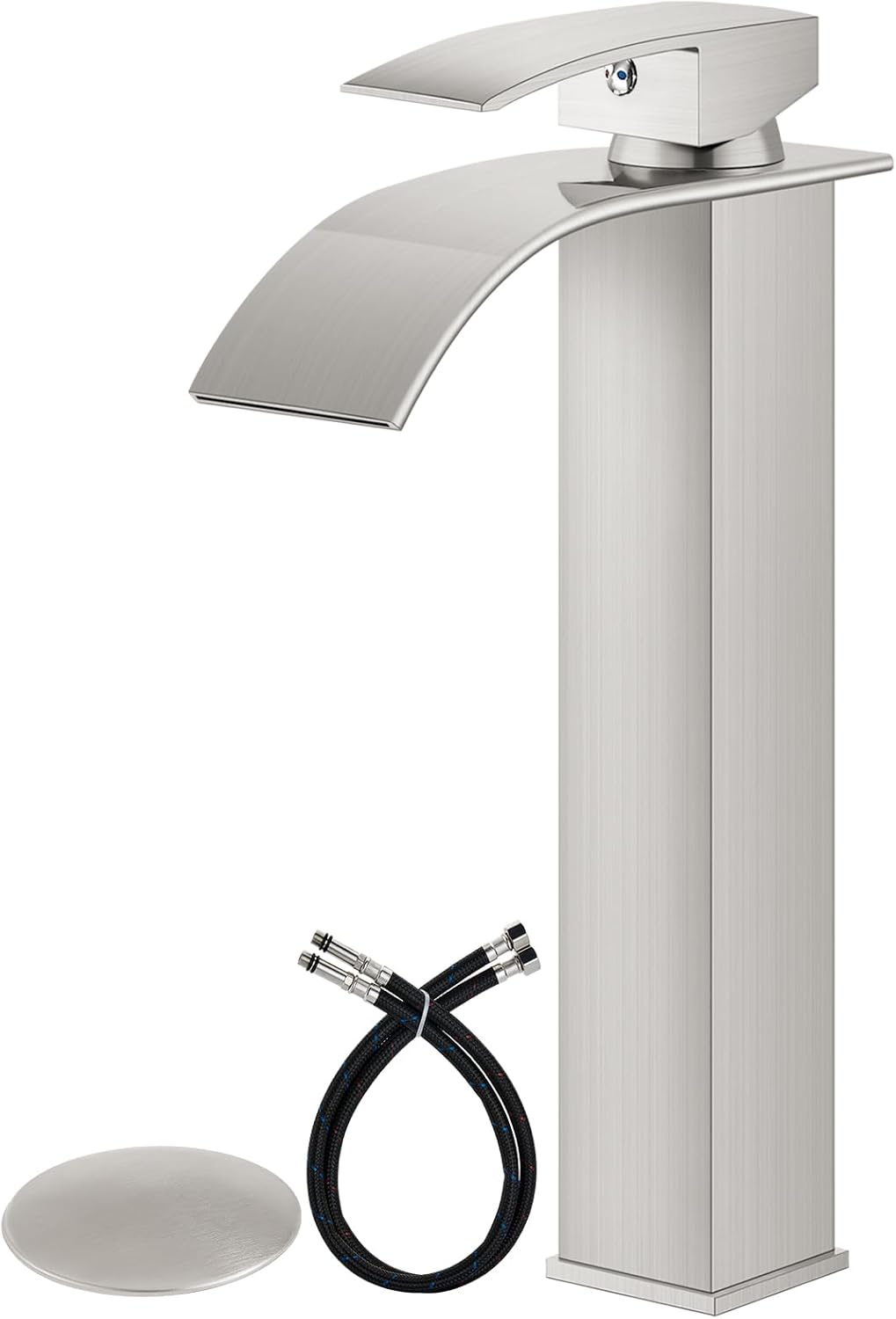 Single Handle Waterfall Vessel Sink Faucet Drain Kit Included and Single Hole in Brushed Nickel