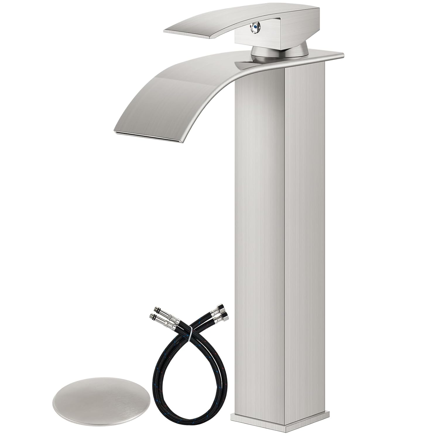 Single Handle Waterfall Vessel Sink Faucet Drain Kit Included and Single Hole in Brushed Nickel