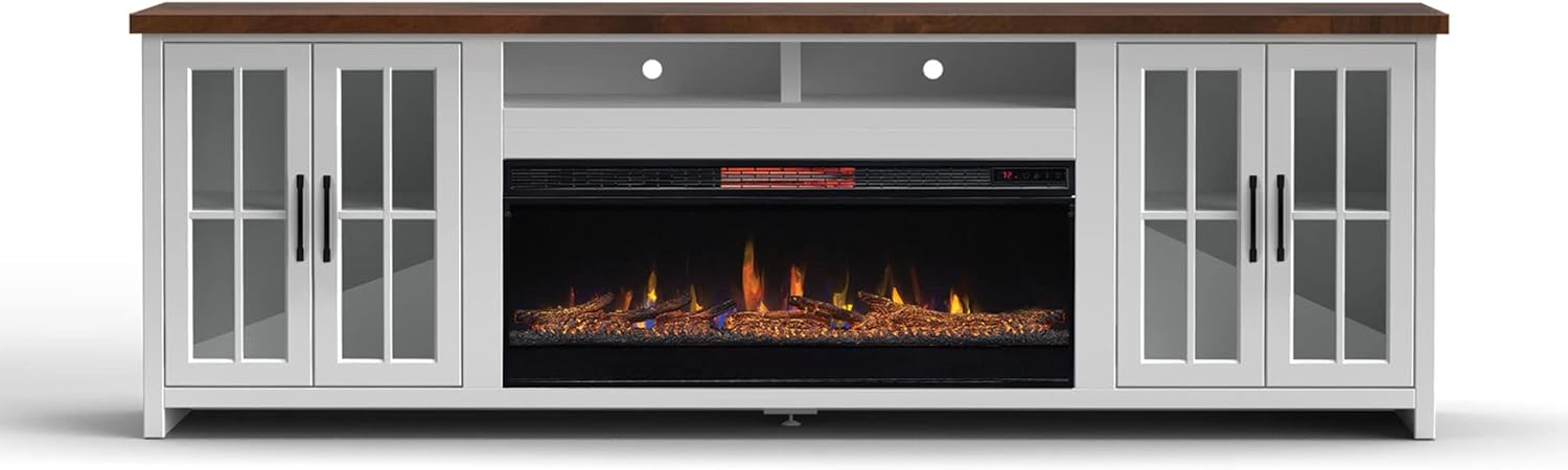 Hampton 97" White Wood Fireplace TV Stand with Cabinets