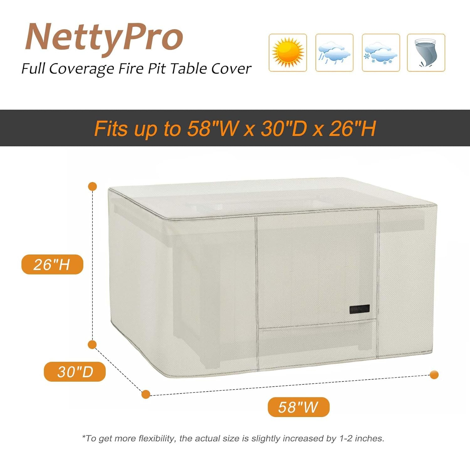 NettyPro Fire Table Cover Rectangle 58 inch Waterproof Heavy Duty Patio Firepit Cover Rectangular for Outdoor Gas Propane Fire Pit, Beige