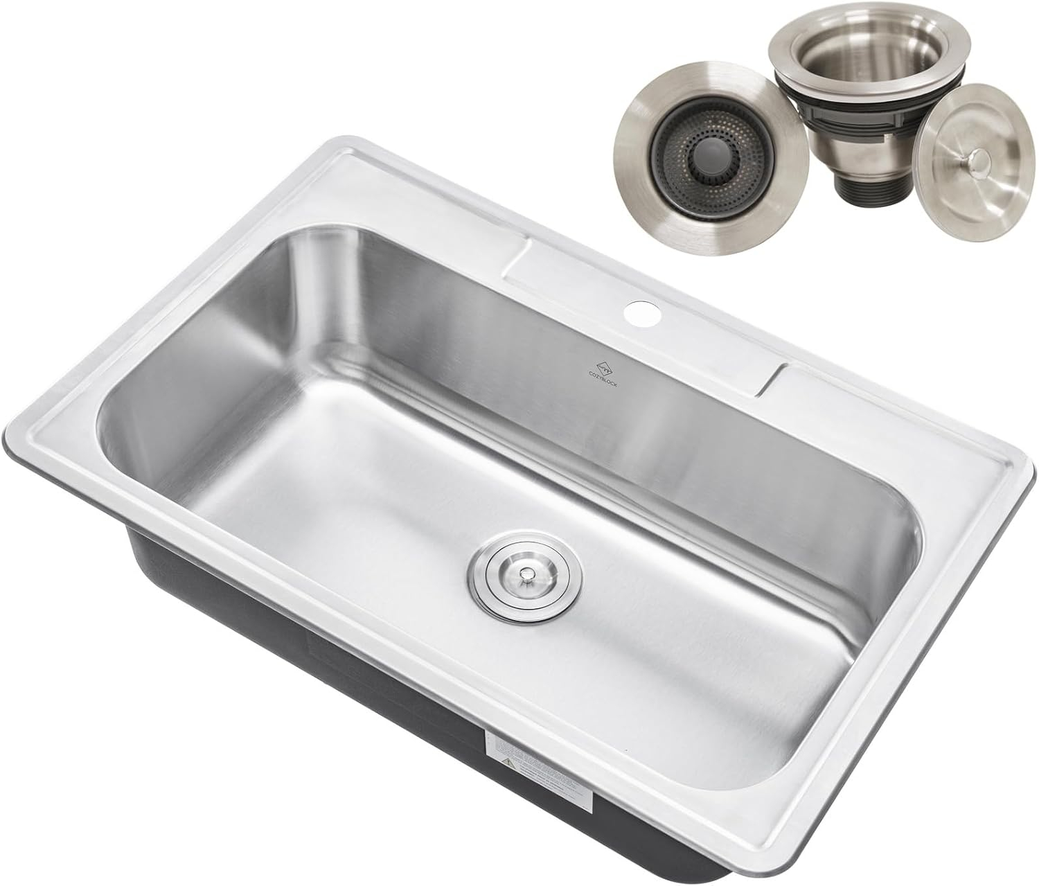 CozyBlock 33 Inch Single Bowl Topmount Drop-In 18-Gauge Stainless Steel Kitchen Sink w/ 1 Faucet Hole (Sink Only)