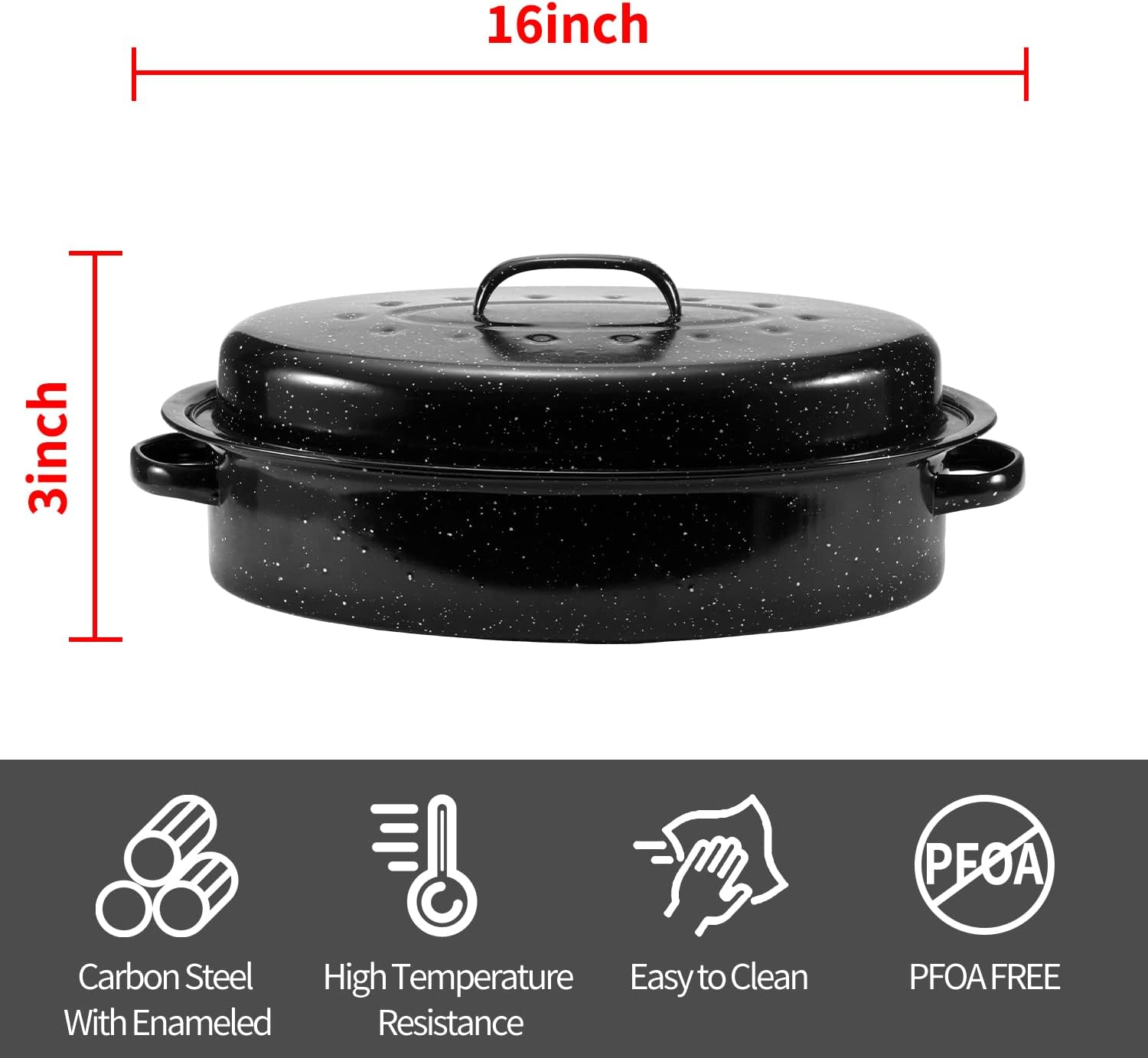 Granite Roasting Pan, Medium 16” Enameled Roasting Pan with Domed Lid. Oval Turkey Roaster Pot, Broiler Pan Great for Small Turkey, Chicken, Ham, Dishwasher Safe Fit for Roast 12Lb Bird by