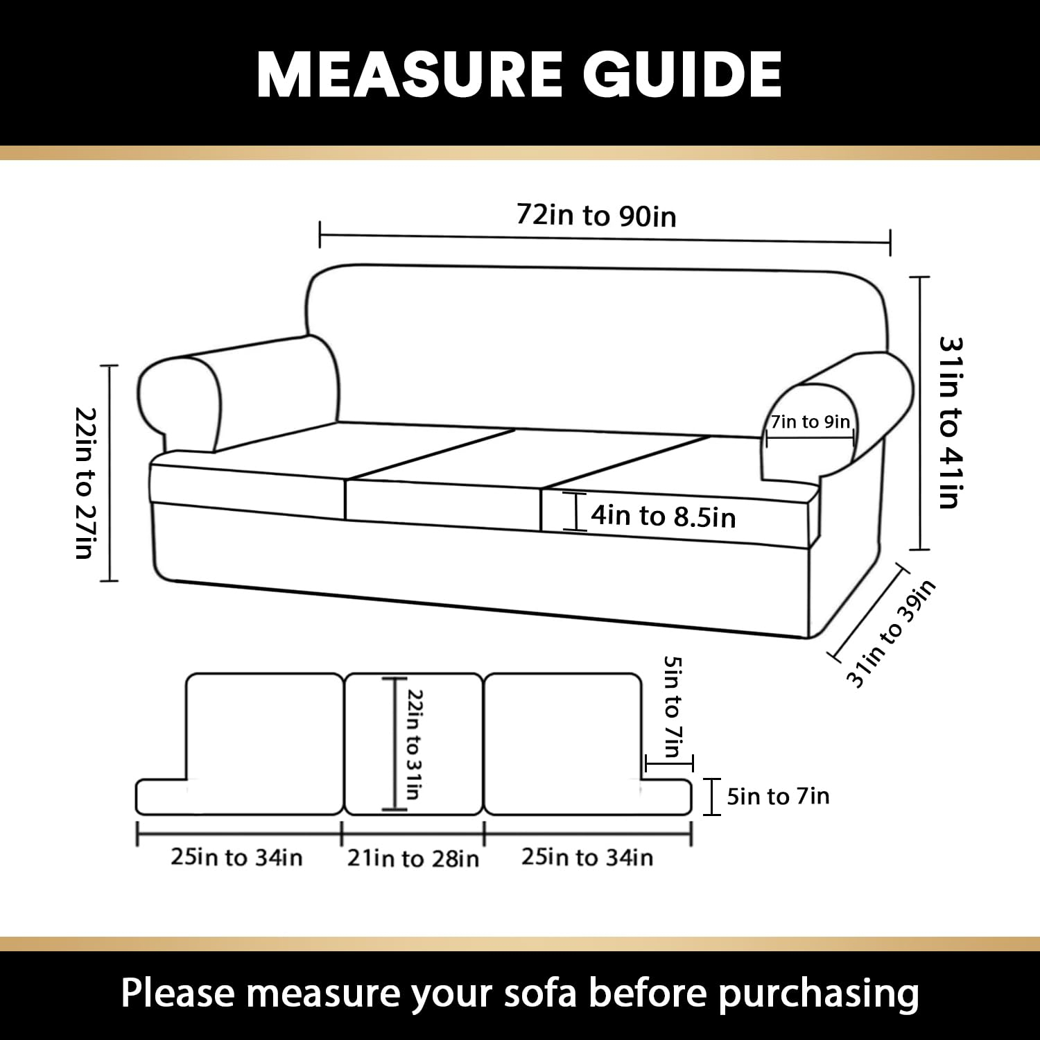 PrinceDeco T Cushion Sofa Slipcover 4 Pieces Sofa Covers for T Cushion Couch Soft Sofa Slip Covers Furniture Protector with 3 Individual T Shape Seat Covers Width Up to 90 Inch, Sand