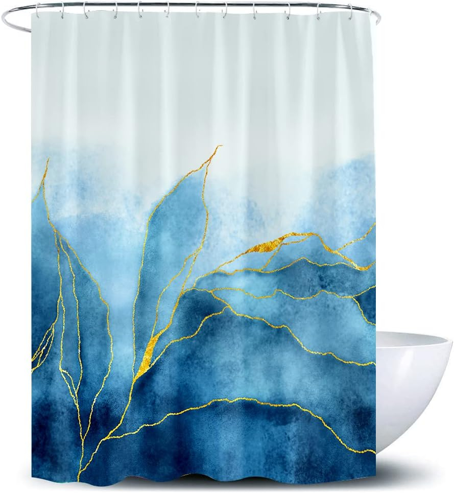 Marble Shower Curtain Ombre Blue Gold, Modern for Bathroom Blue Golden Lines Striped Fabric Waterproof Polyester, 72 x 72 Inches