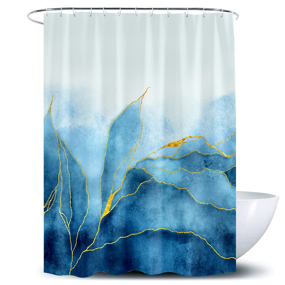 Marble Shower Curtain Ombre Blue Gold, Modern for Bathroom Blue Golden Lines Striped Fabric Waterproof Polyester, 72 x 72 Inches