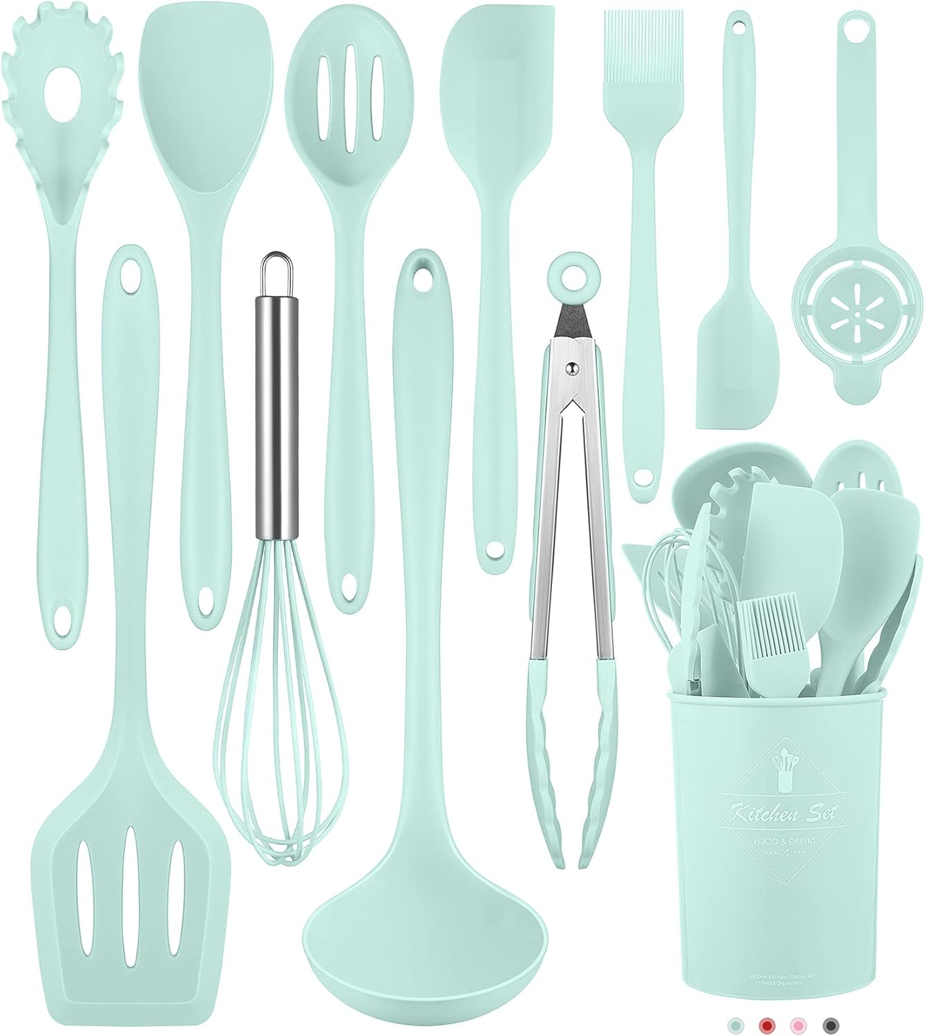 VIVAYO 12 Pieces Silicone Kitchen Utensils Set, Kitchen Cooking Spatula Sets with Holder for Cookware Heat Resistant Spoons, Turners,Tongs, Whisk, Basting Brush, Green