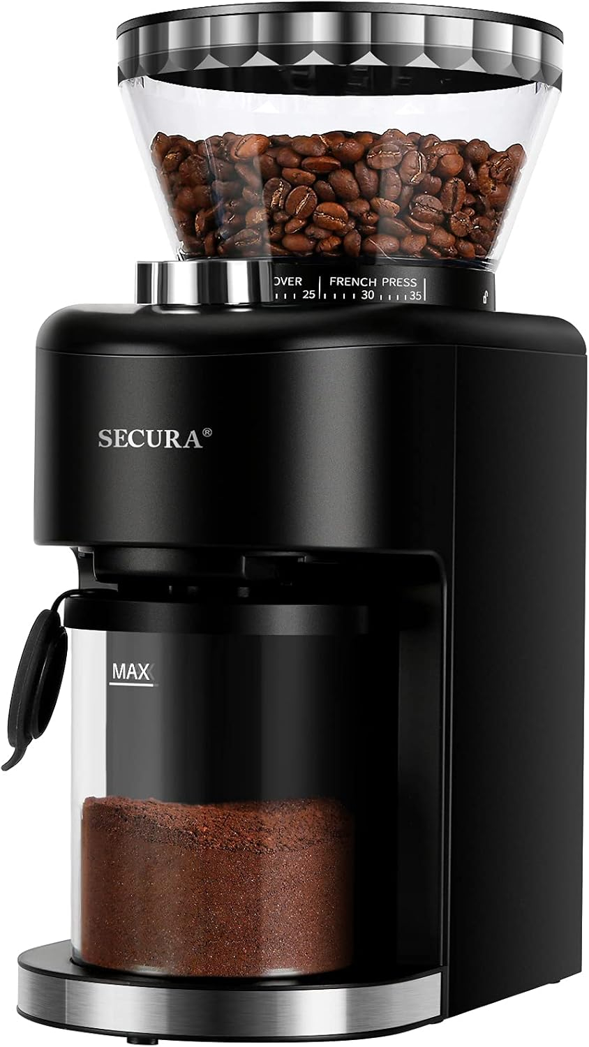 Secura Conical Burr Coffee Grinder with 35 Grinding settings Coffee Grinder for Espresso/Drip/French Press Coffee Maker, 2-12 Cups Black