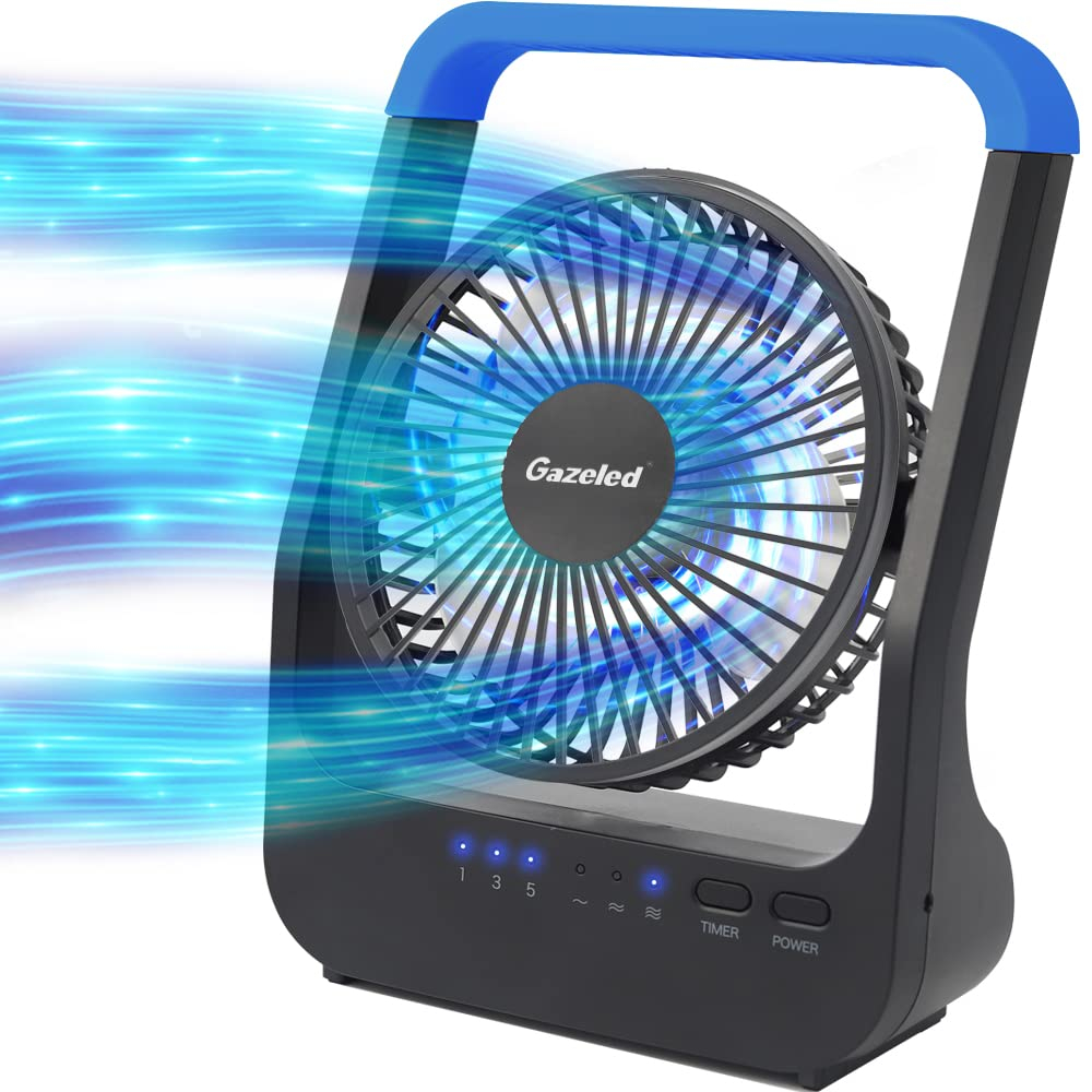 Gazeled Battery Operated Fan,Camping Fan, Super Long Lasting, Portable D-Cell Battery Powered Desk Fan with Timer,3 Speeds, Quiet, 180° Rotation,Cooling Fan for Bedroom,Home,Office,Outdoor, 5'',Blue