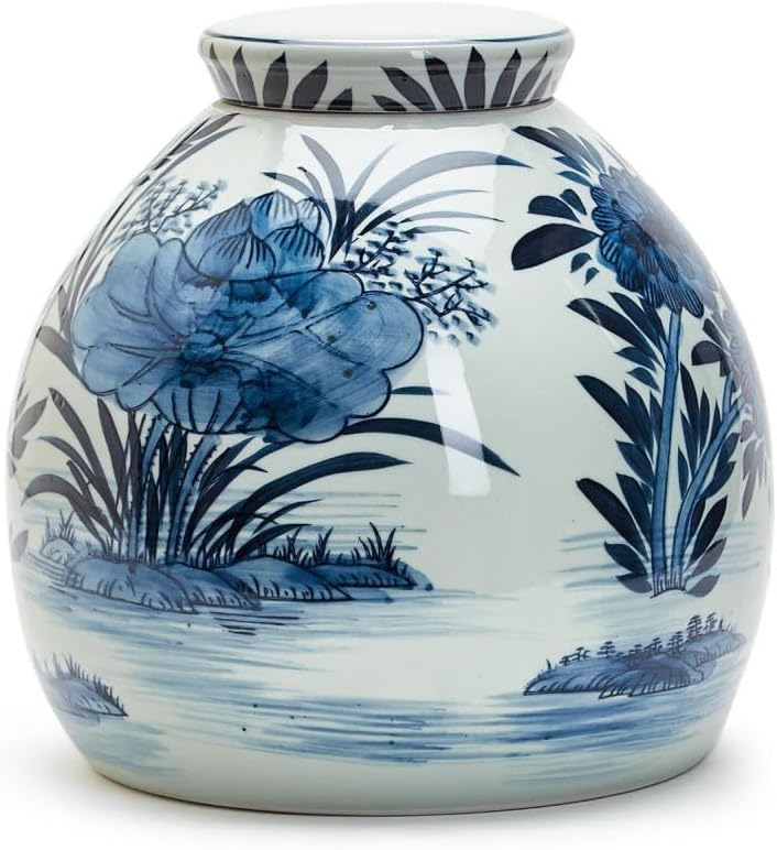 Two's Company Water Lilly 11" Blue and White Squat Covered Ginger Jar - Ceramic