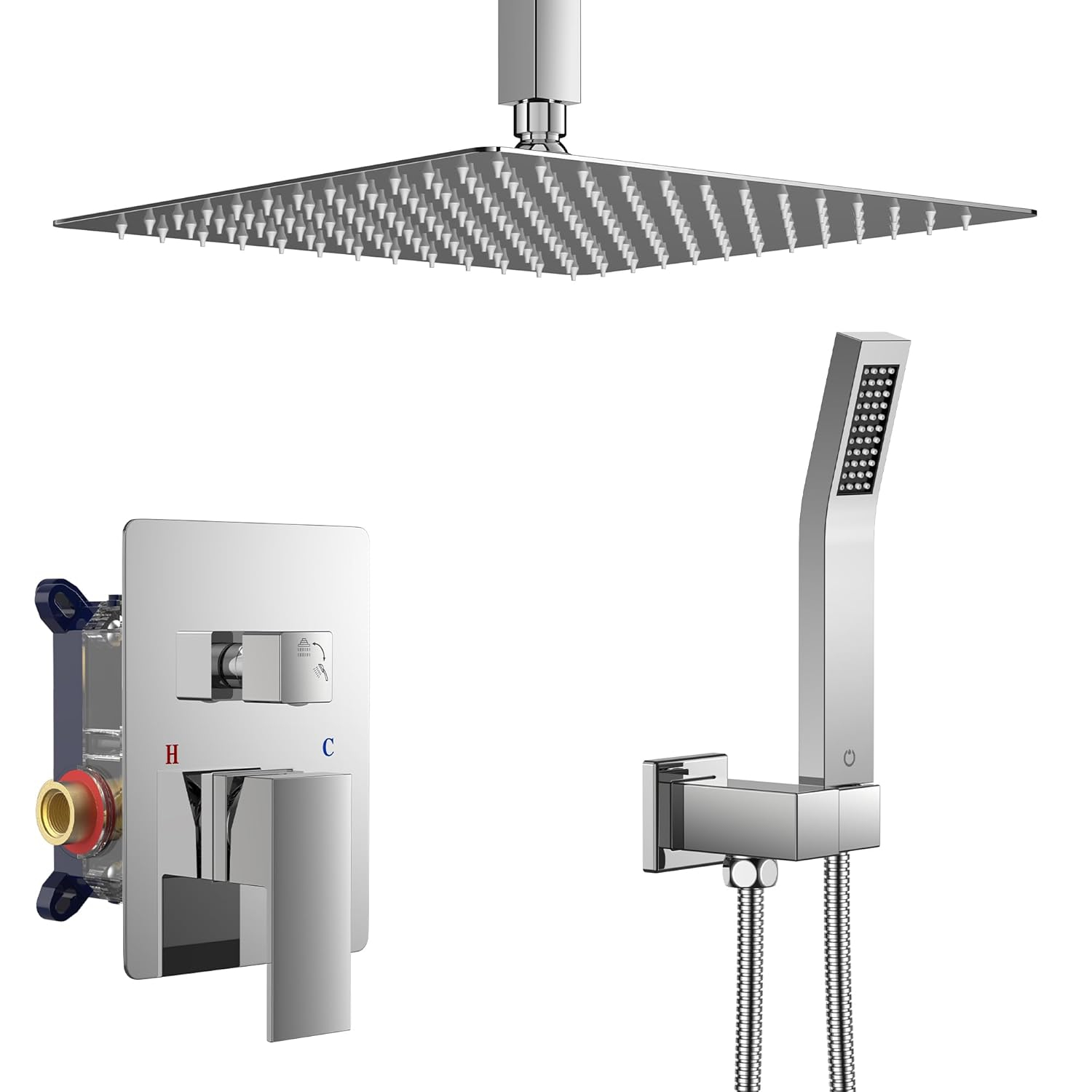 FORIOUS Shower Head System, 12 Inch Rain Shower Faucet Set with Handheld Spray Combo Rough-in Valve, Solid Brass Pressure Balanced Valve Trim Kit, Ceiling Mount, Chrome