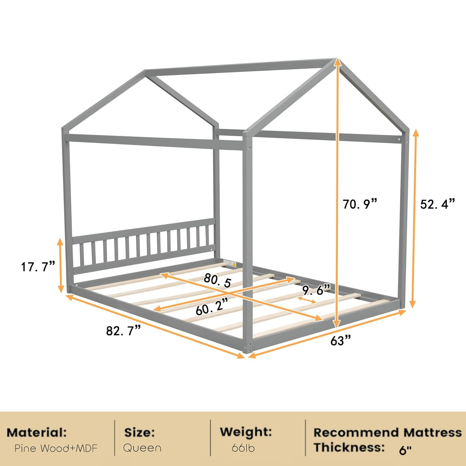 Queen House Bed with Roof Wood Montessori Floor Beds for Kids Wood House Floor Bed Frame for Girls Boys Teens Adults, No Spring Box Needed, Gray