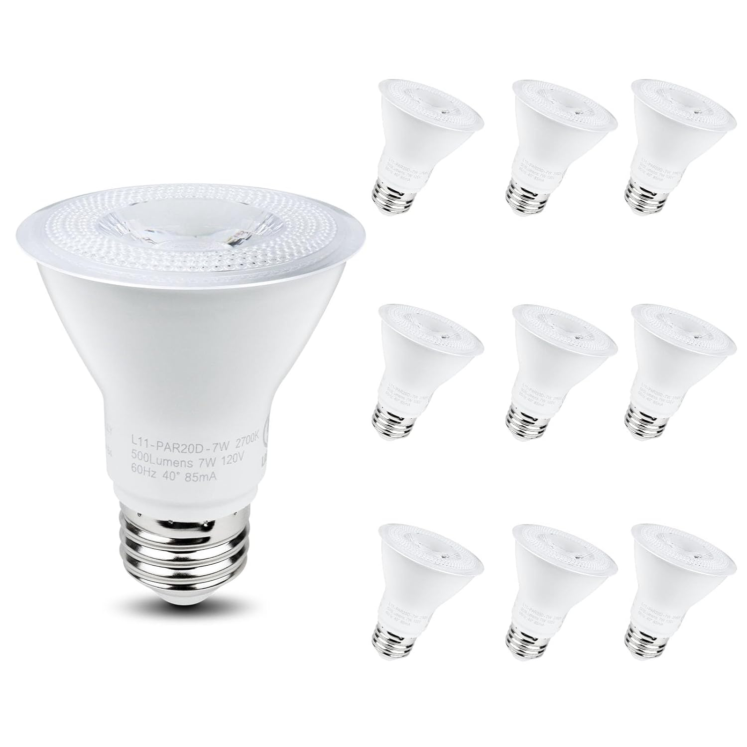 YGS-Tech PAR20 LED Bulb, 7W Dimmable Flood Light Bulbs (50W Equivalent), LED Spotlight Bulb, 3000K Warm White, 500 Lumens, E26 Base, Indoor/Outdoor - UL Listed, 10 Pack