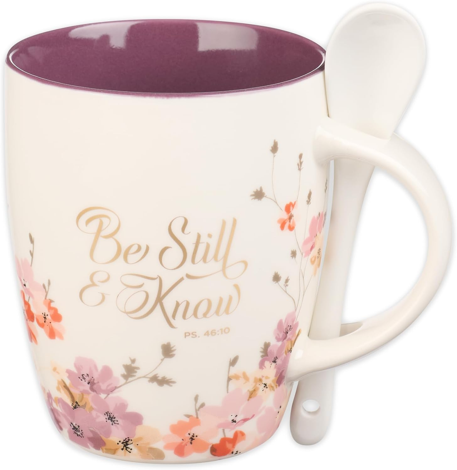 Christian Art Gifts Coffee and Tea Scripture Mug with Ceramic Spoon Set for Women: Be Still and Know - Psalm 46:10 Inspirational Bible Verse Message Hot & Cold Beverage, Purple/White Floral, 12 oz.