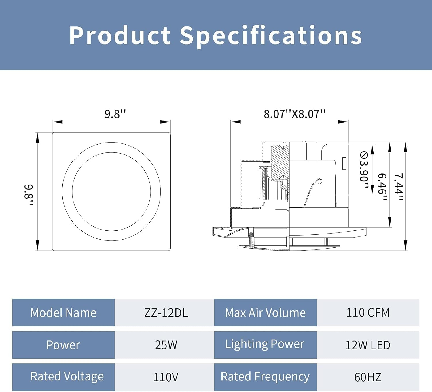 Zeyzer Bathroom Exhaust Fan with Light LED Square Quiet Ceiling Mount Ventilation Fan Combination for Bathroom/Shower/Restroom/Home/Office, 110 CFM 1.0 Sones 4 Inches Duct 110V, White