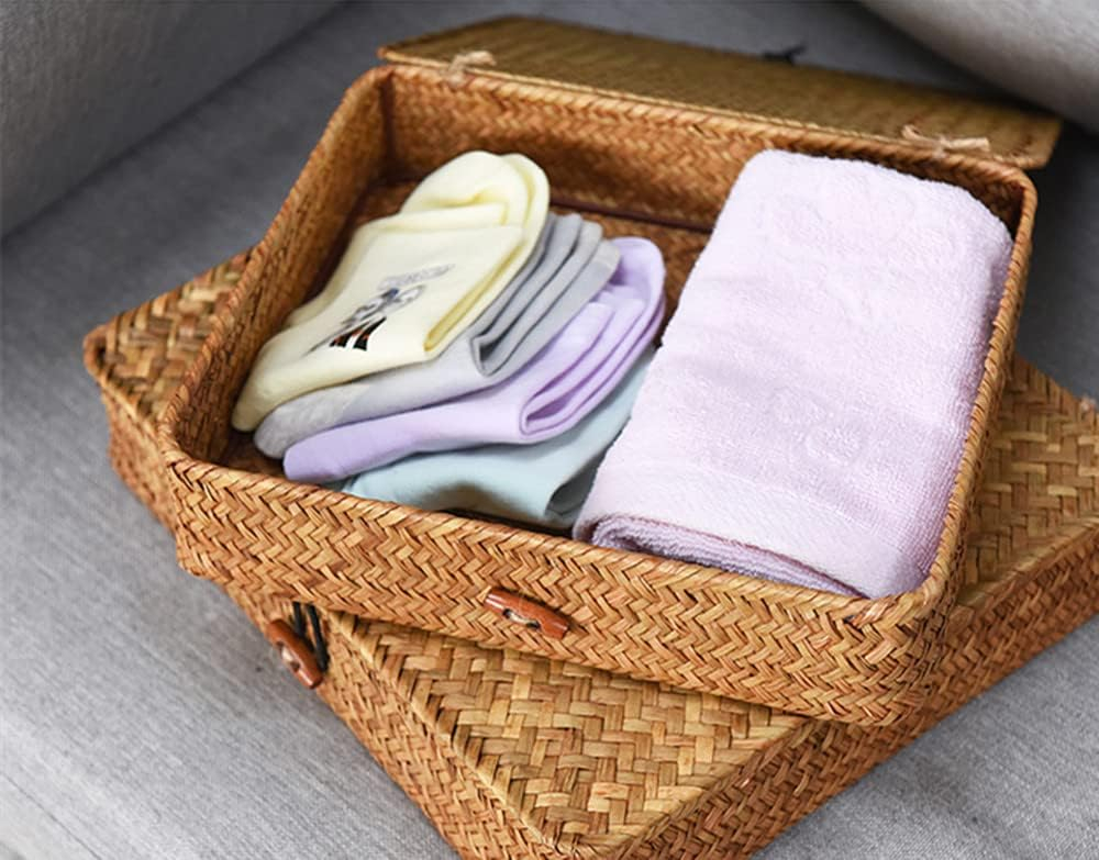 Seagrass Storage Basket Box with Lid Rectangular Woven Shelf Baskets Bins for Organize Snack Toys Set of 2 Natural Decorative(Large+Small)