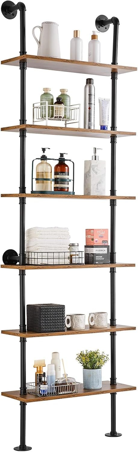 VEVOR Industrial Pipe Shelf, 6 Tier 24x9.84in, Wall-Mount Floating Rustic Wood Shelves Bracket Display Bookshelf, Storage Rack Sundries Holder for Kitchen Bedroom Bathroom Living Room, Black