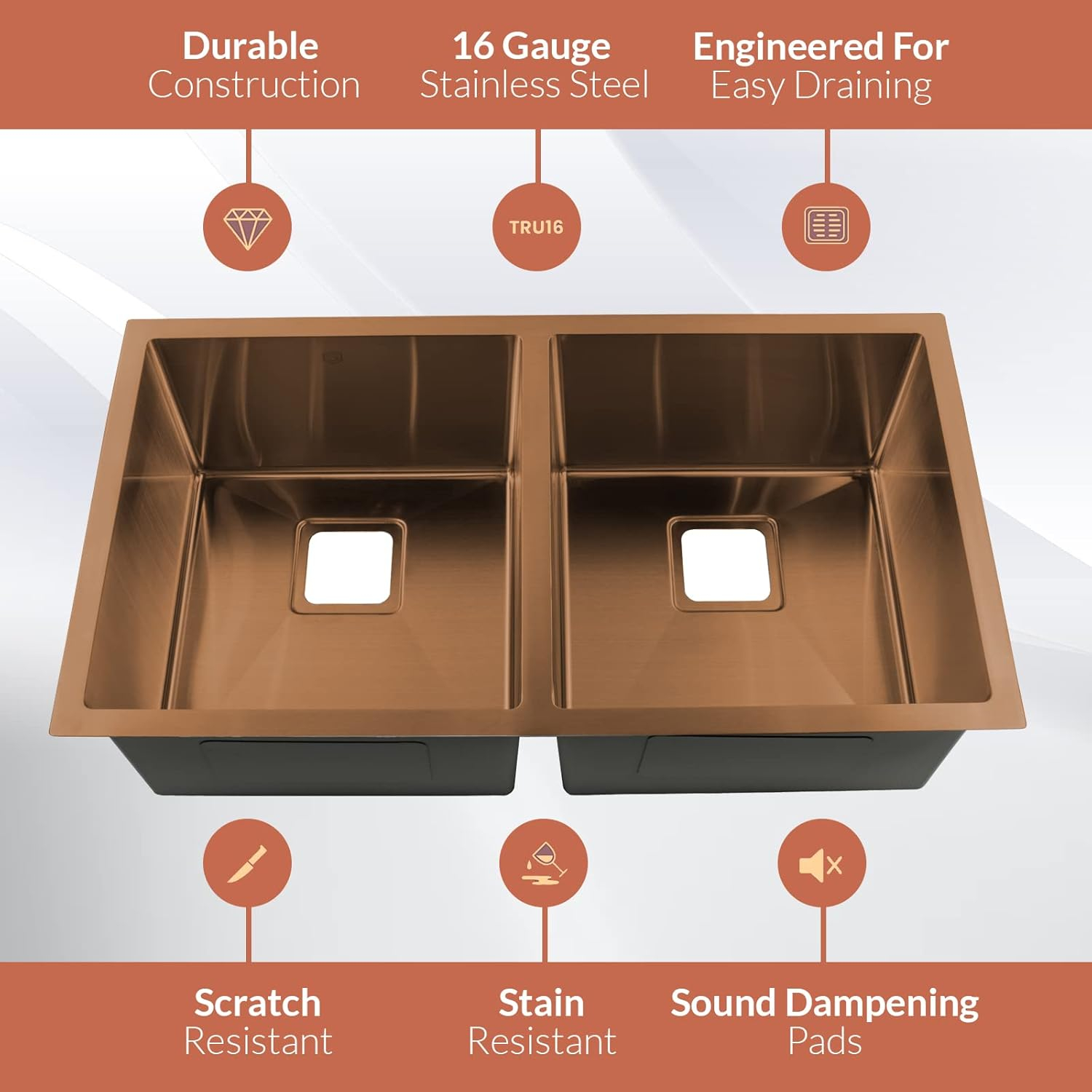 Matte Copper Finish Double Bowl Stainless Steel Undermount Kitchen Sink