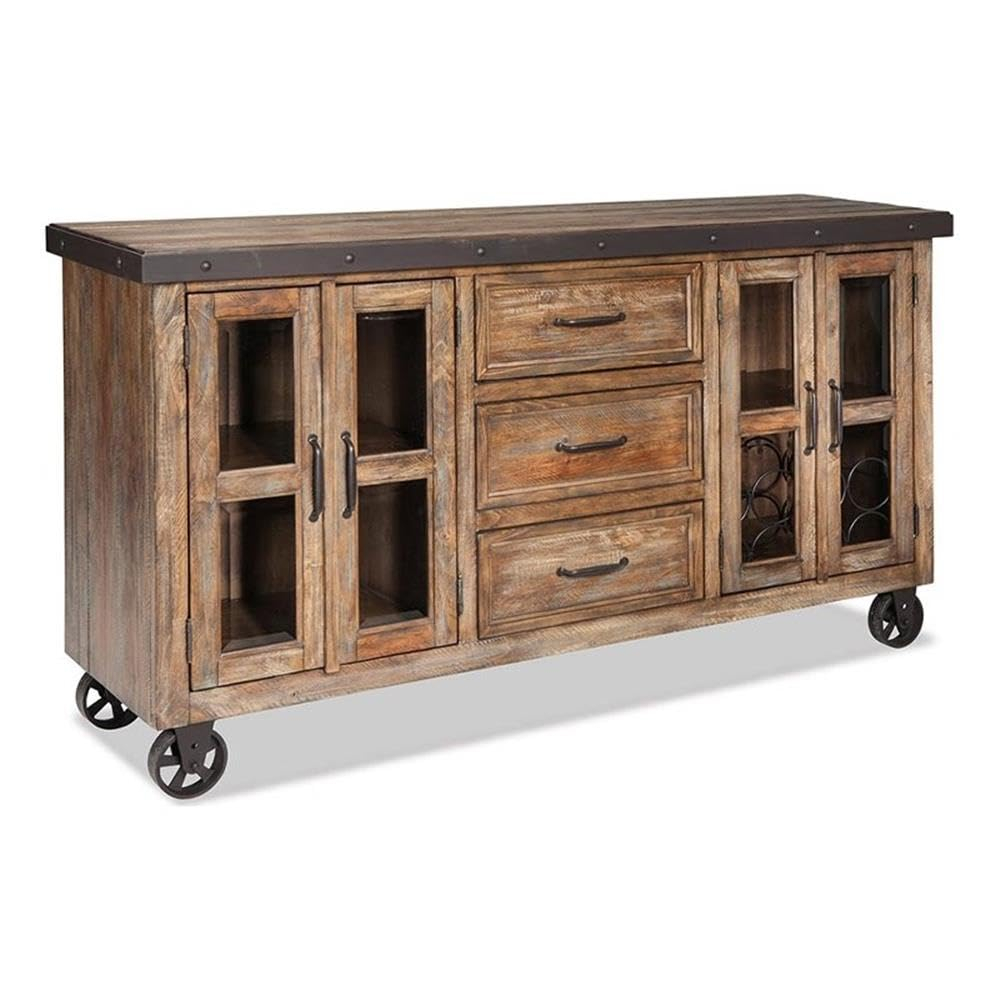 Canyon Brown Hardwood and Metal Sideboard with Glass Doors