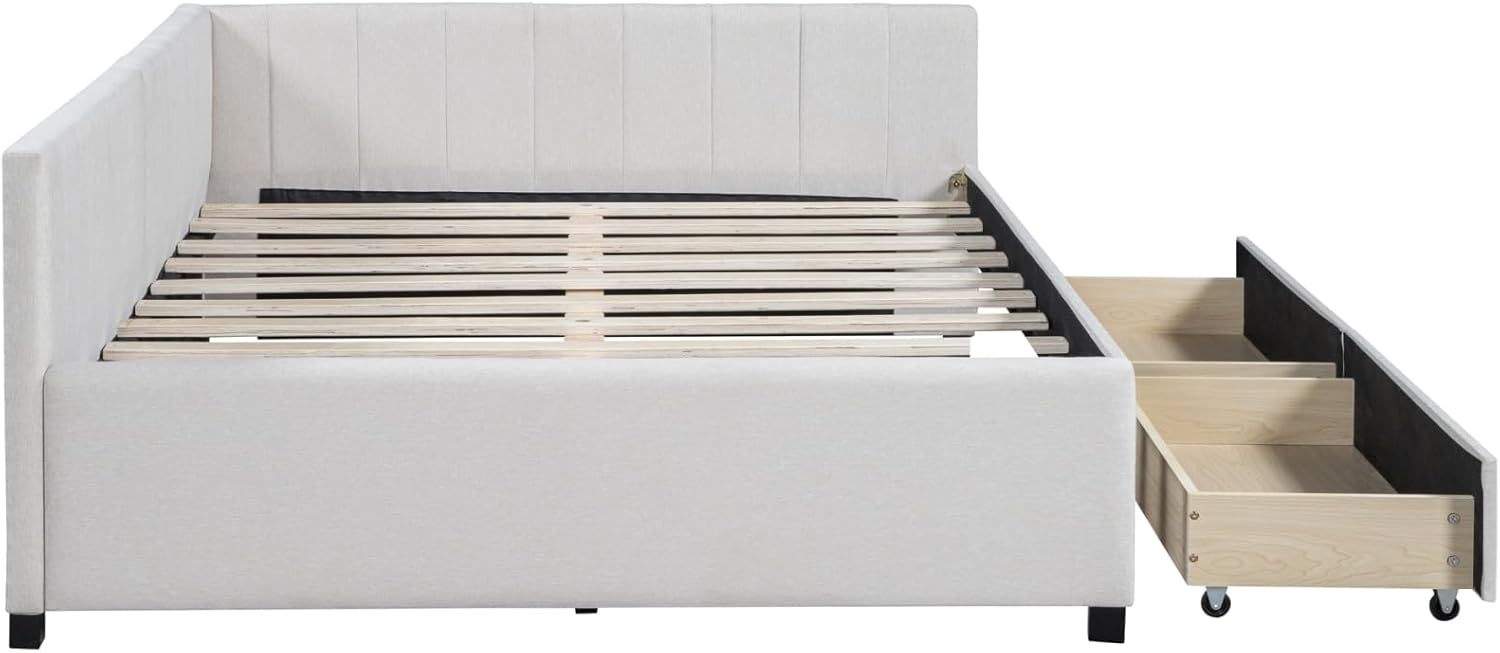 Full Size Daybed with 2 Storage Drawers,L-Shaped Upholstered Linen Fabric Sleeper Sofa Bed Couch,No Box Spring Needed for Kids Girls Adults,Beige