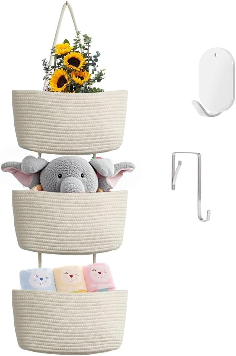 TeoKJ Over the Door Hanging Baskets with Button Strap, 3-Tier Woven Cotton Storage Organizer Bag, Wall-Mounted with Hook Decorative Hanging Kitchen Baskets - White