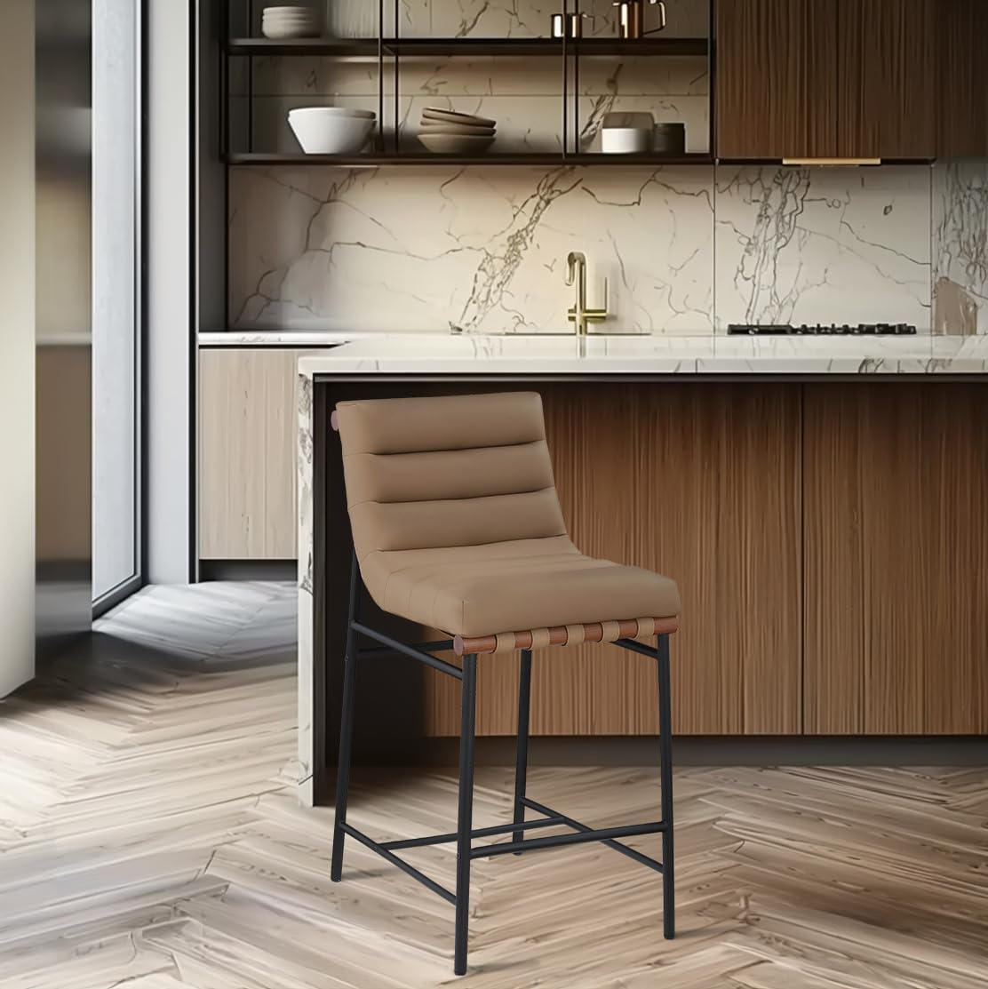 Tan Vegan Leather and Black Metal Counter Stool