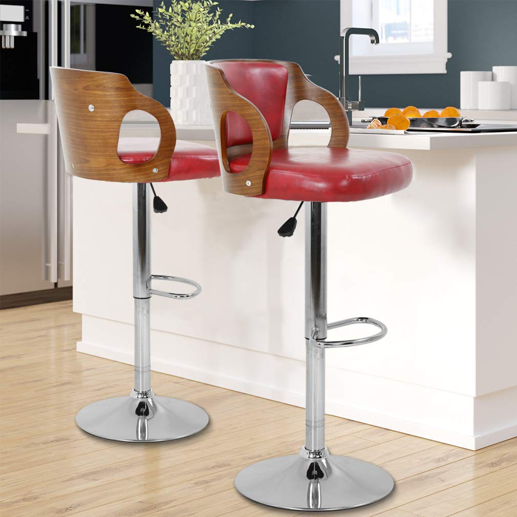 BestOffice Modern Bar Stool Set Of 2 Beech Barstools Height Adjustable Counter Stools PU Leather For Home Kitchen Dining Room Stools,Red
