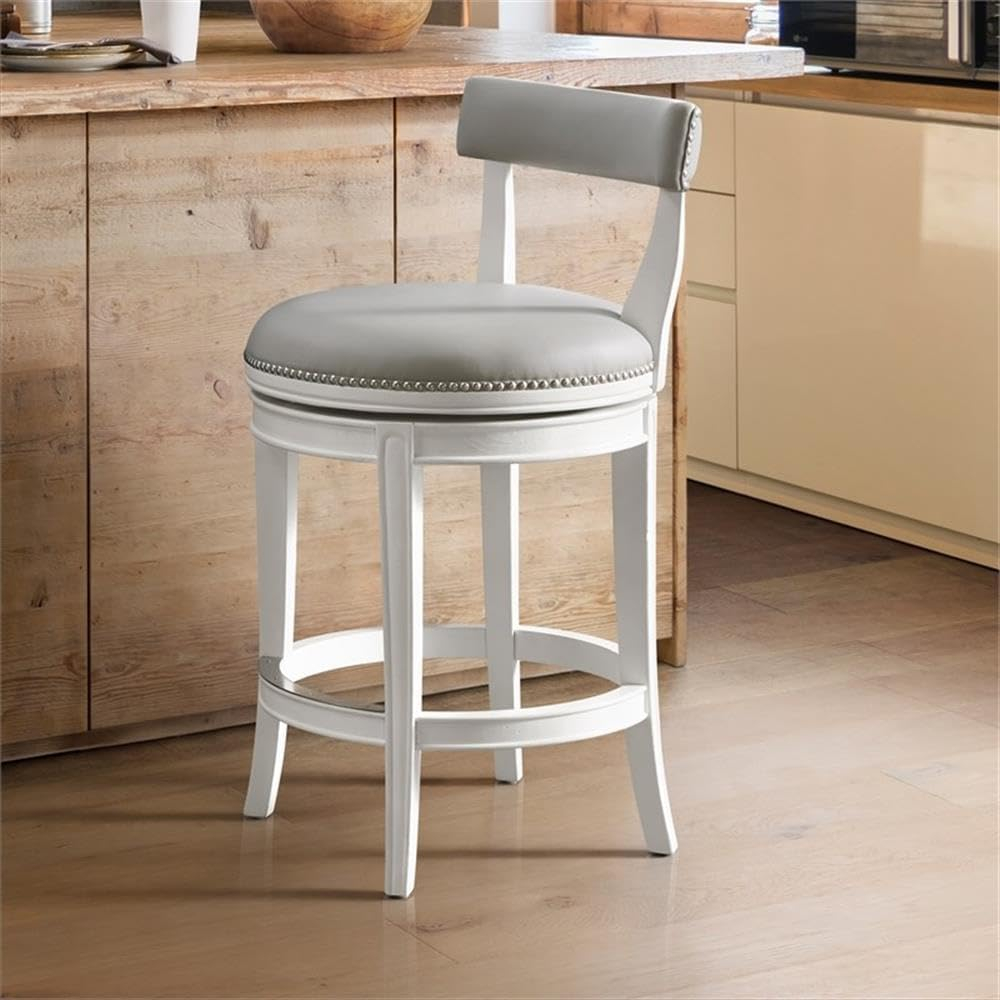Hanover Swivel Counter Height Bar Stool, 26-Inch Seat Height, White and Gray, Solid Rubberwood Frame with Faux Leather Upholstery, Nailhead Trim, Memory Return Swivel Mechanism