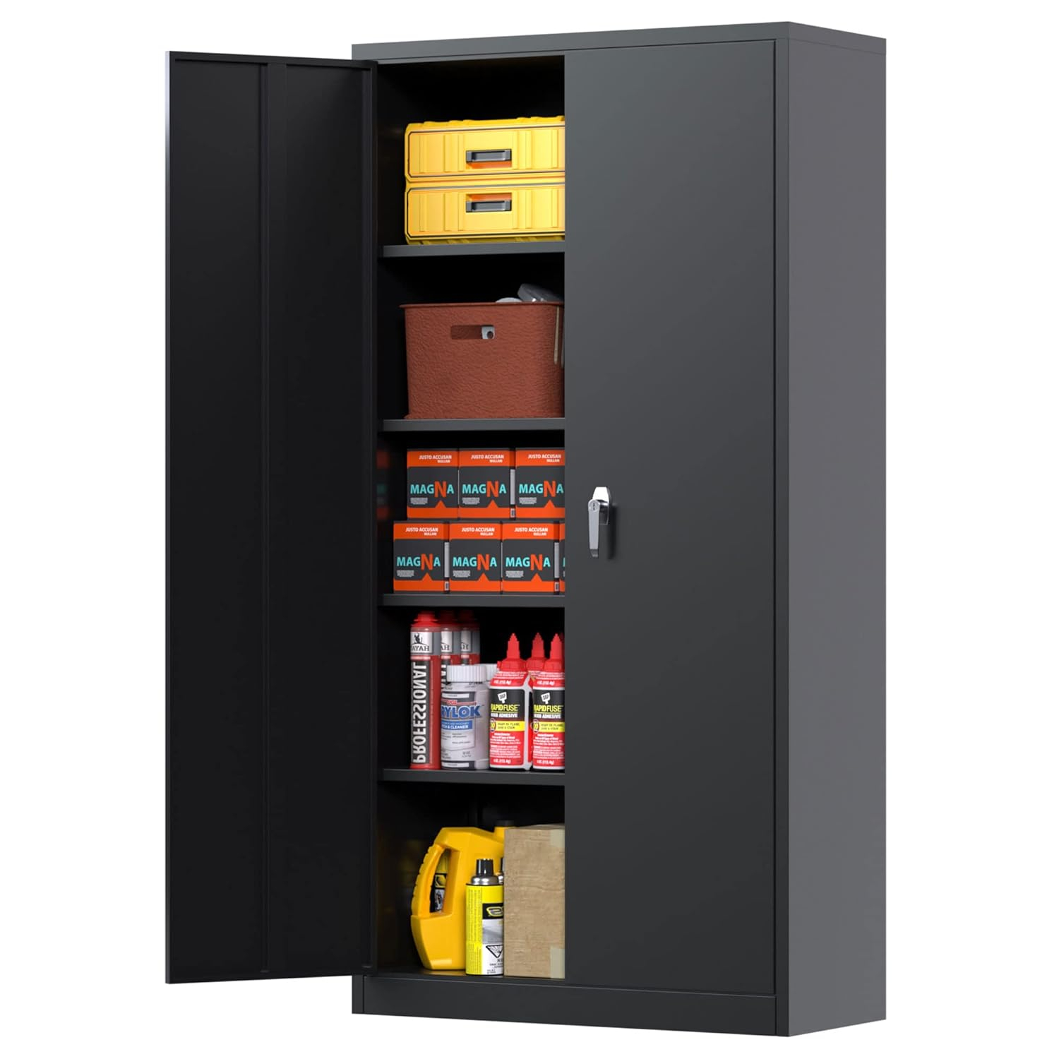 Drevy Metal Garage Storage Cabinet with Lock, 71" Steel Lockable File Cabinet, Locking Steel Storage Cabinet with 4 Adjustable Shelves for Home, Office, Warehouse, Garage, School (Black)