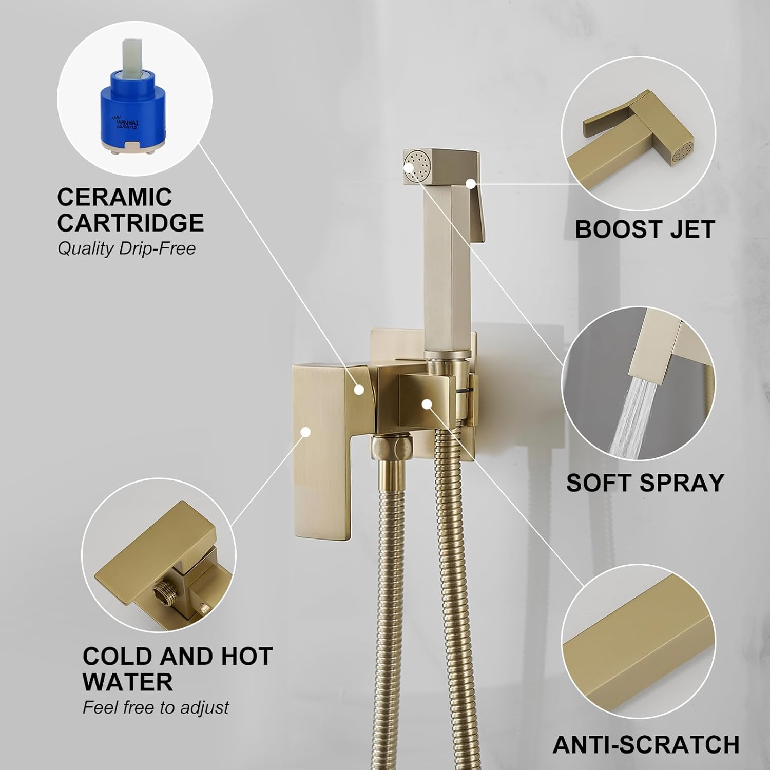BWE Handheld Toilet Bidet Sprayer for Toilet with Adjustable Water Pressure Hot and Cold Bidet Spray Set Toilets Bidets Wall Mount Cleaning Faucet Jet for Feminine Wash, Brushed Gold