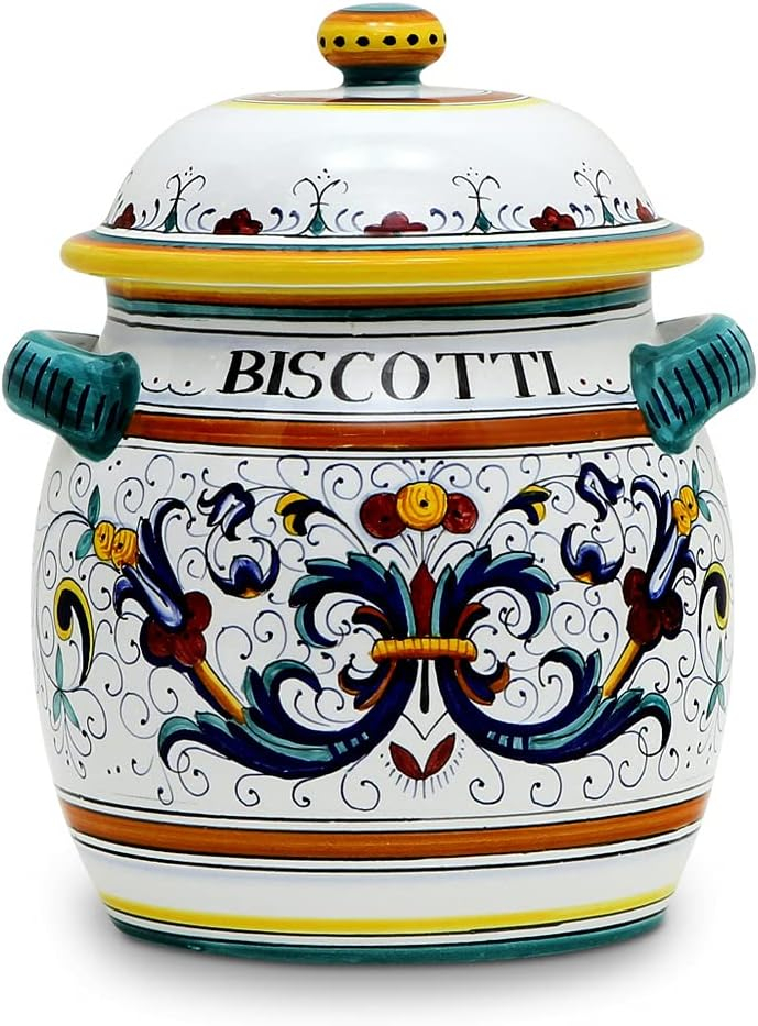 DELUXE: Traditional Biscotti Jar [1042-RIC] ~ Authentic hand painted in Deruta, Italy. Original design. Shipped from the USA with Certificate of Authenticity.