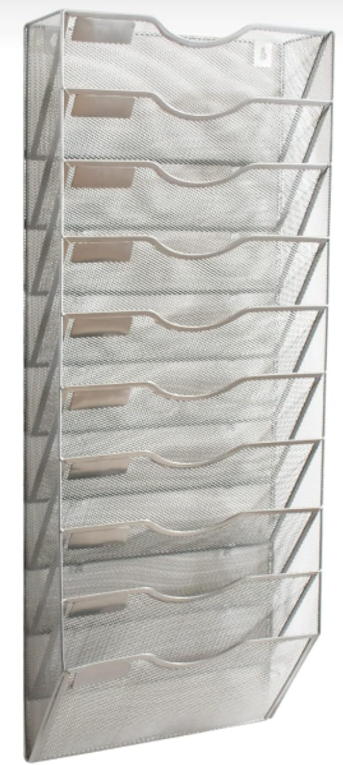 10 Sections Hanging Files Wall Mounted Metal Mesh Document File Organizer Magazine Holder Rack Organizer Multipurpose Use To Display Files, Magazine, Newspapers- Gray