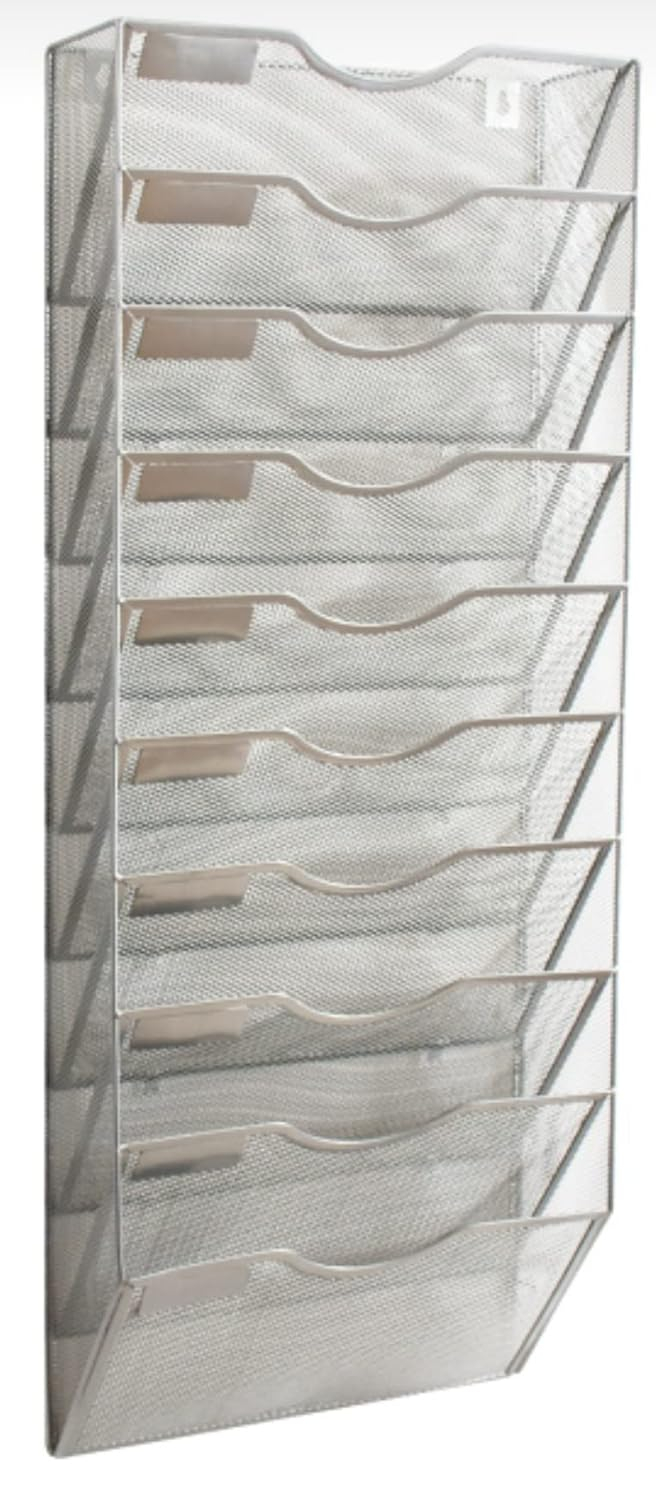 10 Sections Hanging Files Wall Mounted Metal Mesh Document File Organizer Magazine Holder Rack Organizer Multipurpose Use To Display Files, Magazine, Newspapers- Gray