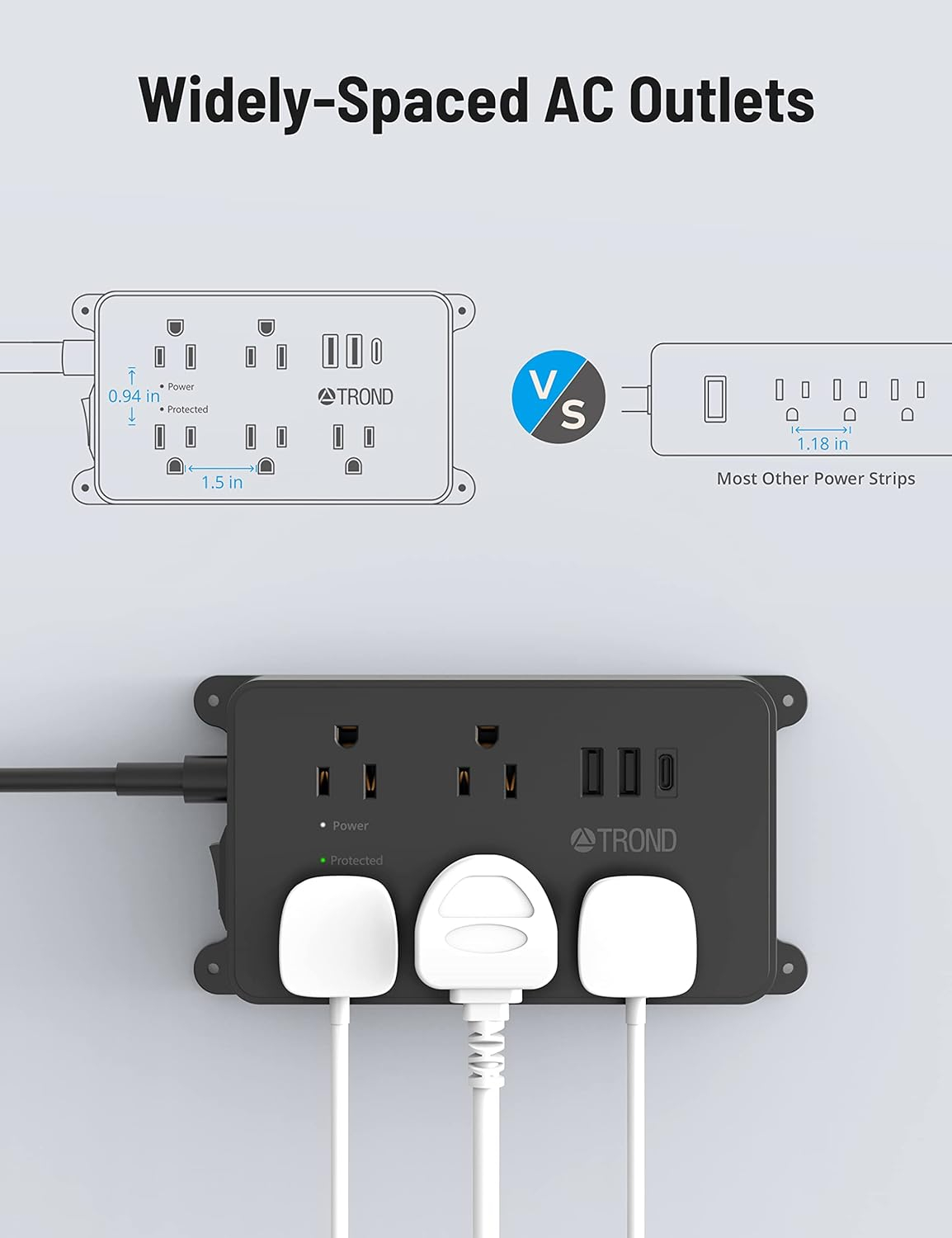 TROND Power Strip Surge Protector, ETL Listed, 15A, 5 Wide Spaced Outlets with 3 USB Ports, Wall Mountable, Flat Plug 5ft Extension Cord, 1300J, 14AWG Heavy Duty, for Office Kitchen, Black