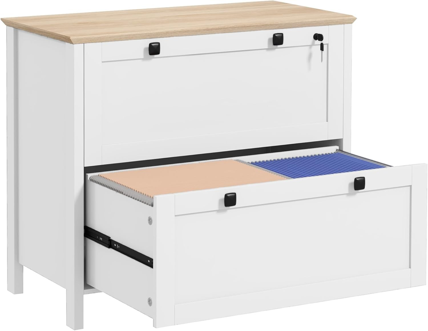 HOMCOM 2 Drawer File Cabinet with Lock, Lateral Filing Cabinet with Keys, Sleek Lines Drawers and Adjustable Hanging Bar for Letter, A4 and Legal Size, White