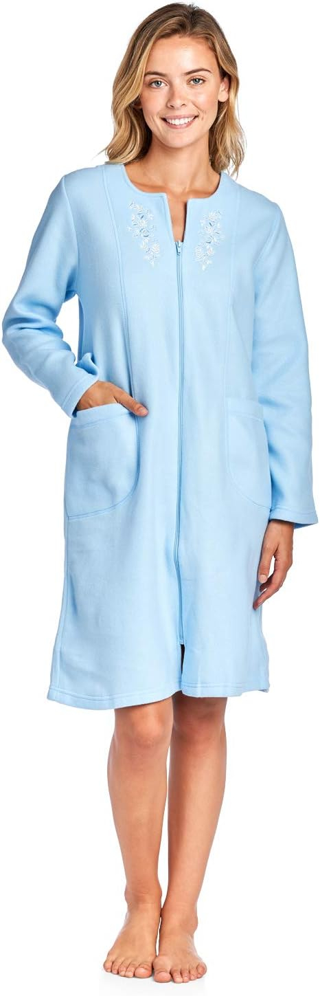 Women's Long Sleeve Zip Up Front Short Fleece Robe