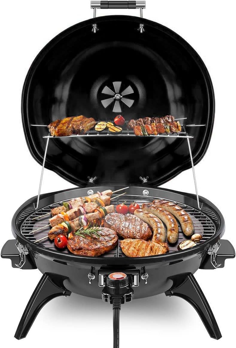Techwood 1600W Electric Indoor/Outdoor Grill - 15-Serving Removable Stand BBQ with Double Layer Design for Countertops (Black)