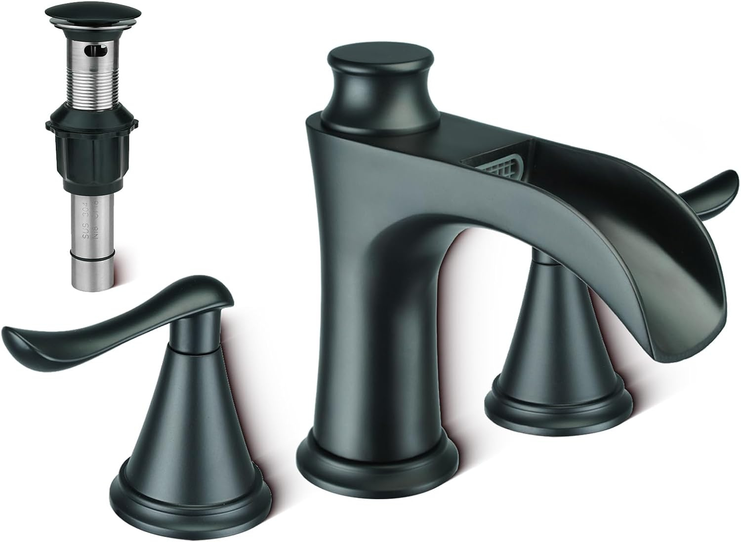 Bathroom Faucet 3 Hole Black, 8 inch Widespread Bathroom Faucet Waterfall Face Basin Faucet for Bathroom Sink, Matte Black (A.Matte Black)