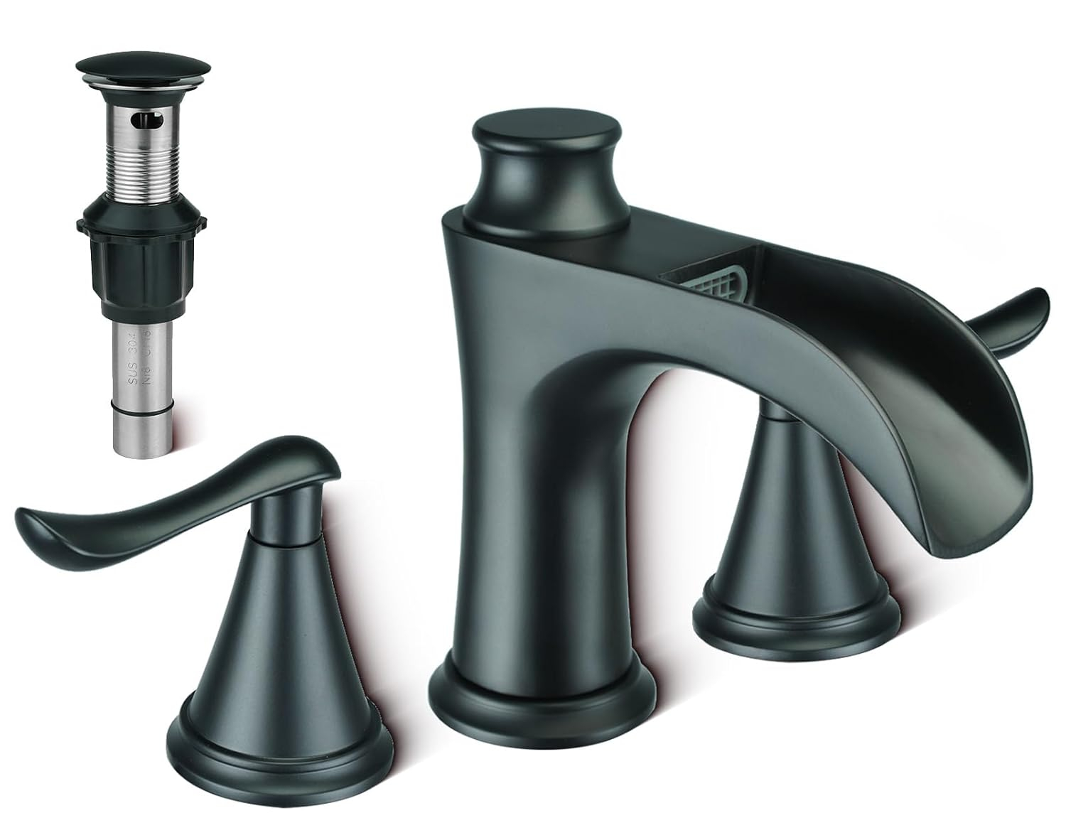 Bathroom Faucet 3 Hole Black, 8 inch Widespread Bathroom Faucet Waterfall Face Basin Faucet for Bathroom Sink, Matte Black (A.Matte Black)