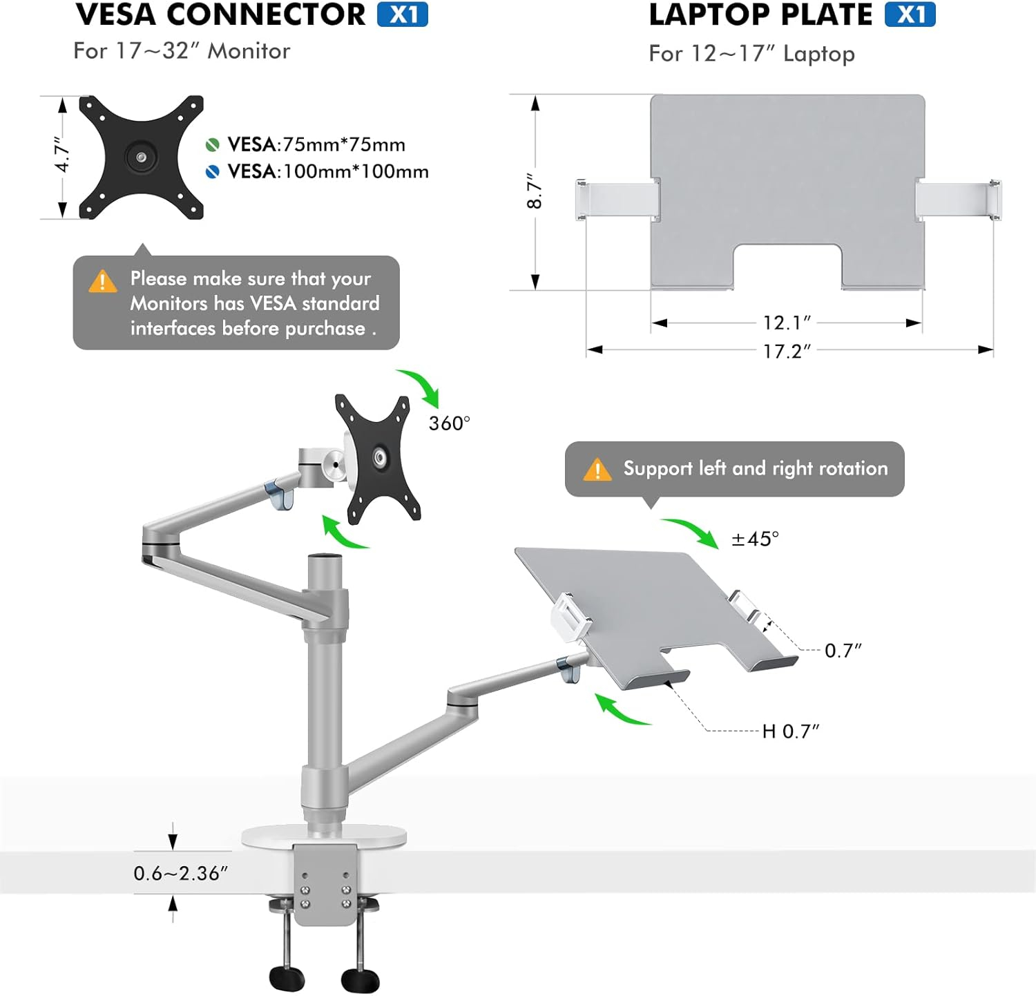 Viozon Monitor and Laptop Mount, 2-in-1 Adjustable Dual Arm Desk Mounts Single Desk Arm Stand/Holder for 17 to 32 Inch LCD Computer Screens, Extra Tray Fits 12 to 17 inch Laptops (Silver)