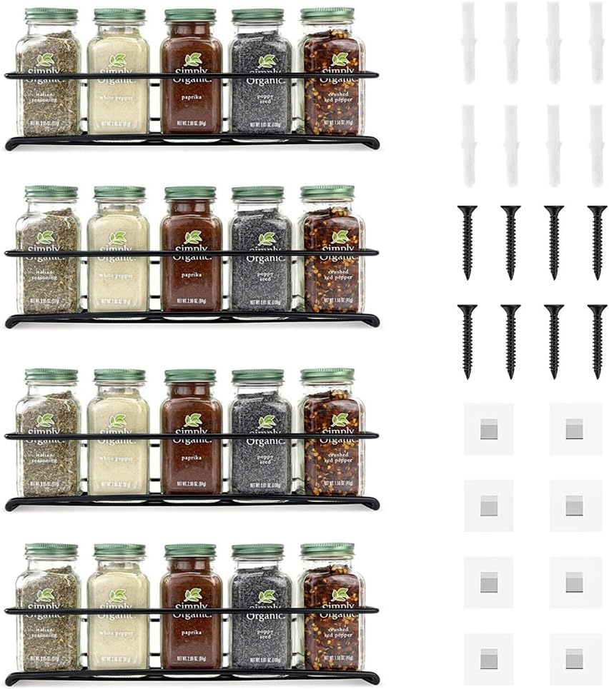 Spice Rack wall mounted 4 Pack, Space-Saving Spice Organizer for Spice Jars and Seasonings,Screw or Adhesive Hanging Spice Rack Organizer for Your Kitchen Cabinet,or Pantry Door
